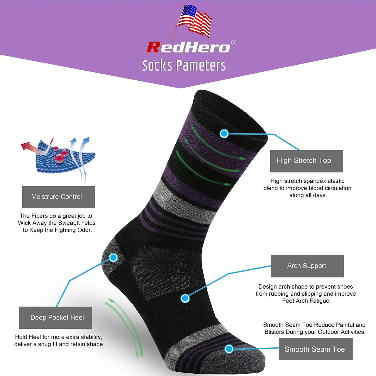 RedHero Women's Merino Wool Cushion Crew Socks with Light Soft Thermal for Ladies Outdoor Hiking Hike Golf Trail Casual(Color4 L)