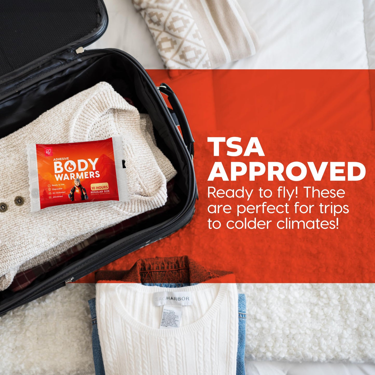IRIS USA Adhesive Body Warmers, 60 Individual Warmers, Long-Lasting Up to 10 Hours Regular-Sized Disposable Handwarmers for Hands Feet Chest Back Arms and Legs, TSA-Approved, Winter Essentials