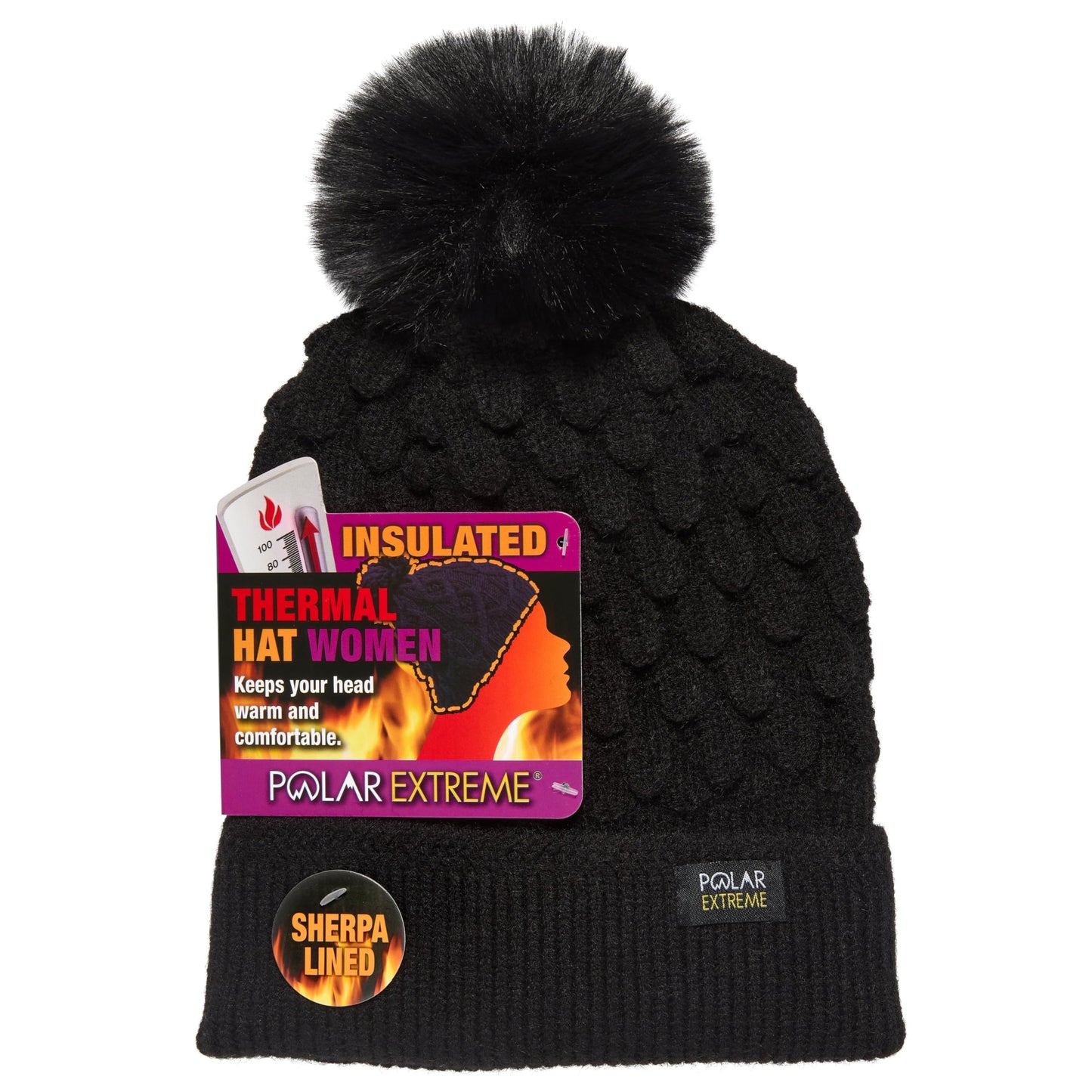 Polar Extreme Heat Women's Sherpa-Lined Beanie and Skull Cap, Scalloped Textured Cuffed Hat with Pom, Warm Winter Hat, One Size Fits Most - Black