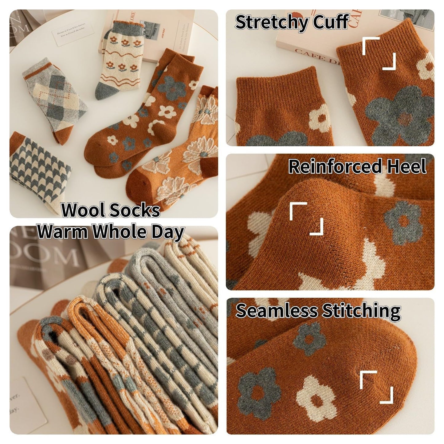 FORJMMP 5/10 Pairs Wool Socks for Women Thick Knit Vintage Cute Floral Crew Socks (5 Pairs-Orange Flowers)
