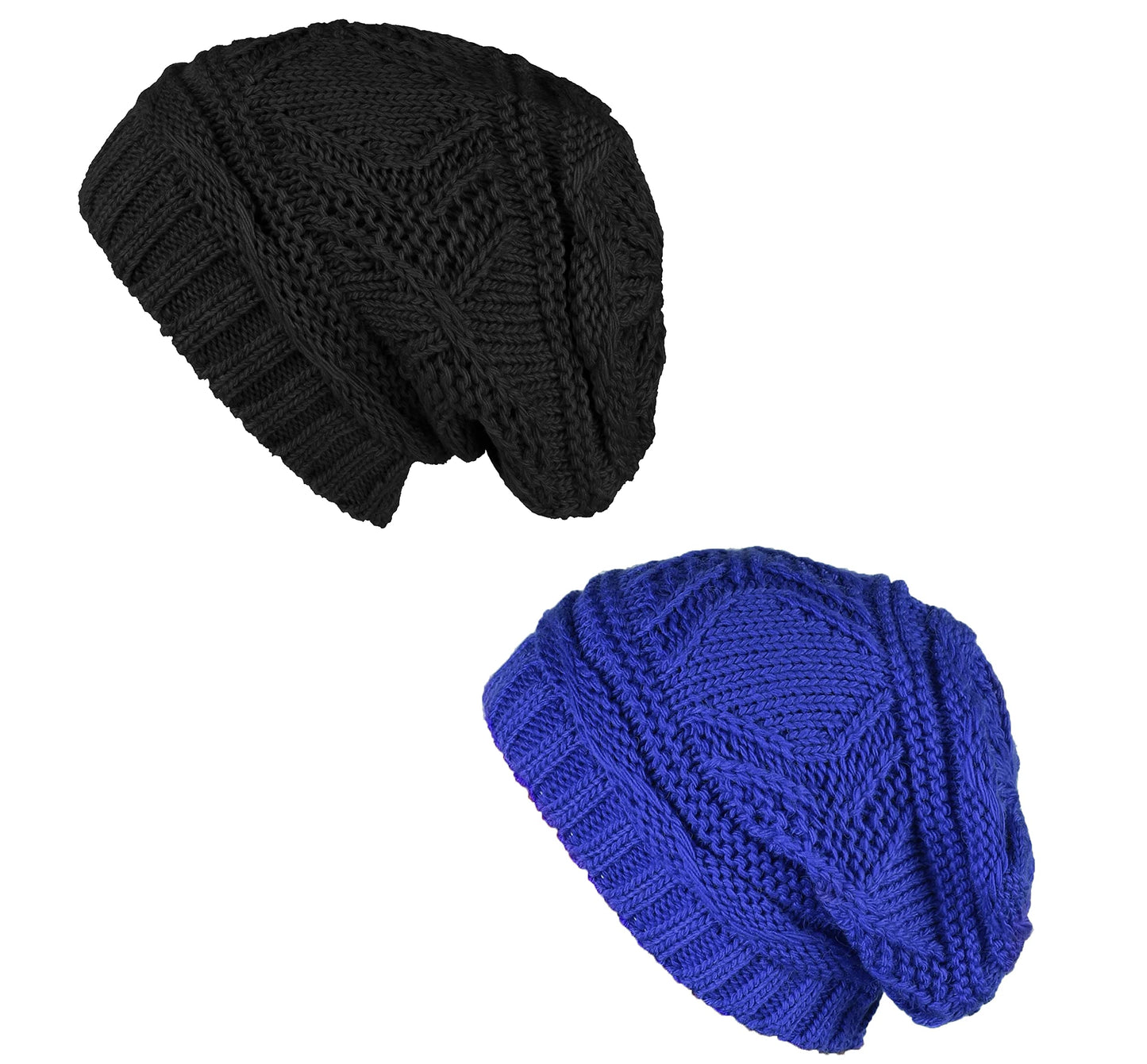 Lilax Knit Slouchy Oversized Soft Warm Winter Beanie Women Hat 2 Pack Black-Royal Blue