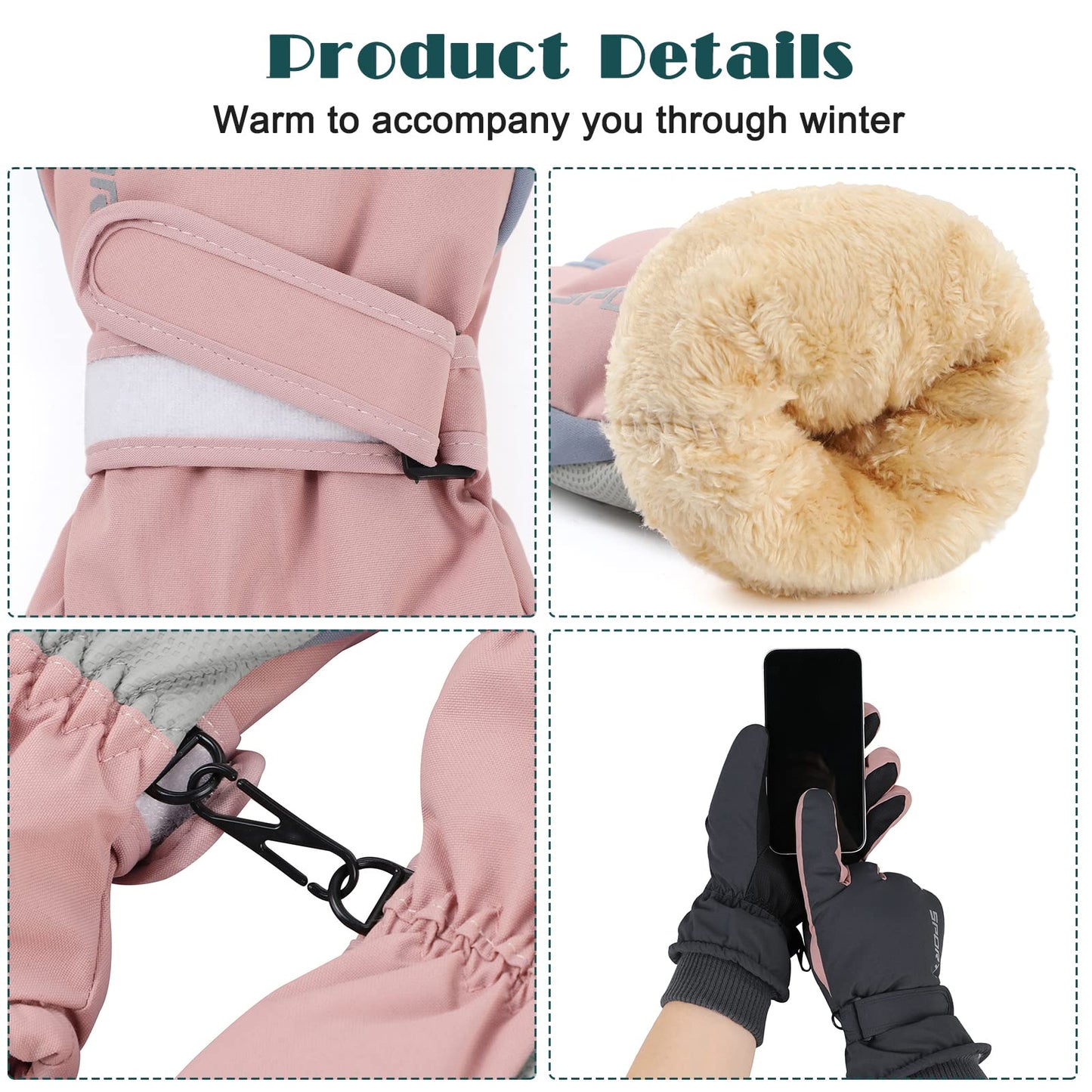 American Trends Ski Gloves for Women Warm Snow Gloves Waterproof Touchscreen Pockets Snowboard Winter Gloves for Outdoor Black One Size
