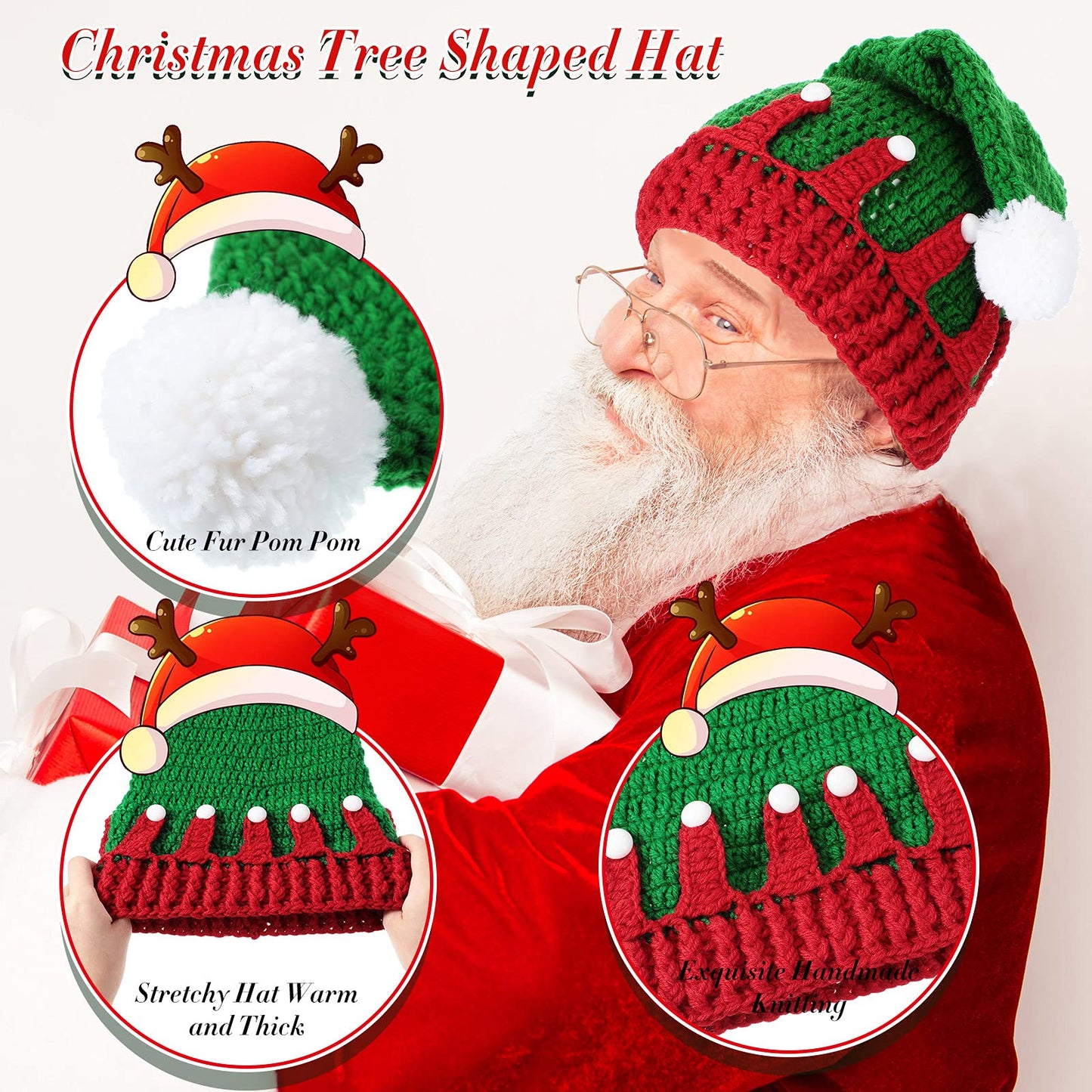 Sumind 2 Pieces Unisex Christmas Knit Beanie Santa Hat Winter Warm Crochet Bearded Cap with Fur Pom Pom Handmade Knitted Reindeer Cap for Adult