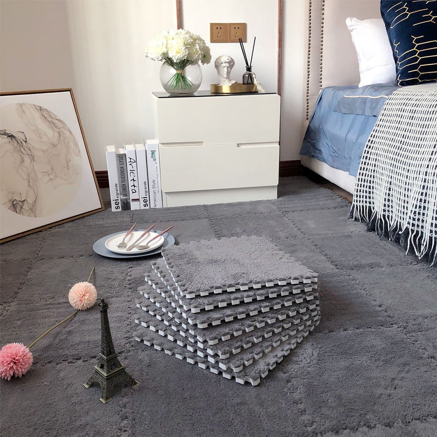 easycustomerlee 12pcs Tiled Puzzle Play Mats Interlocking Shaggy Soft EVA Foam Mats Protective Floor for Children Kids Room Home Parlor Bedroom(Gray)