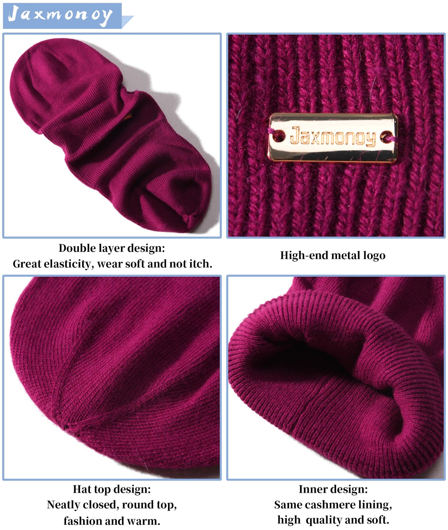 jaxmonoy Wool Knit Beanies Winter Hats for Women and Men Soft Cashmere Warm Double Layer Ladies Skull Beanie caps - Fushia