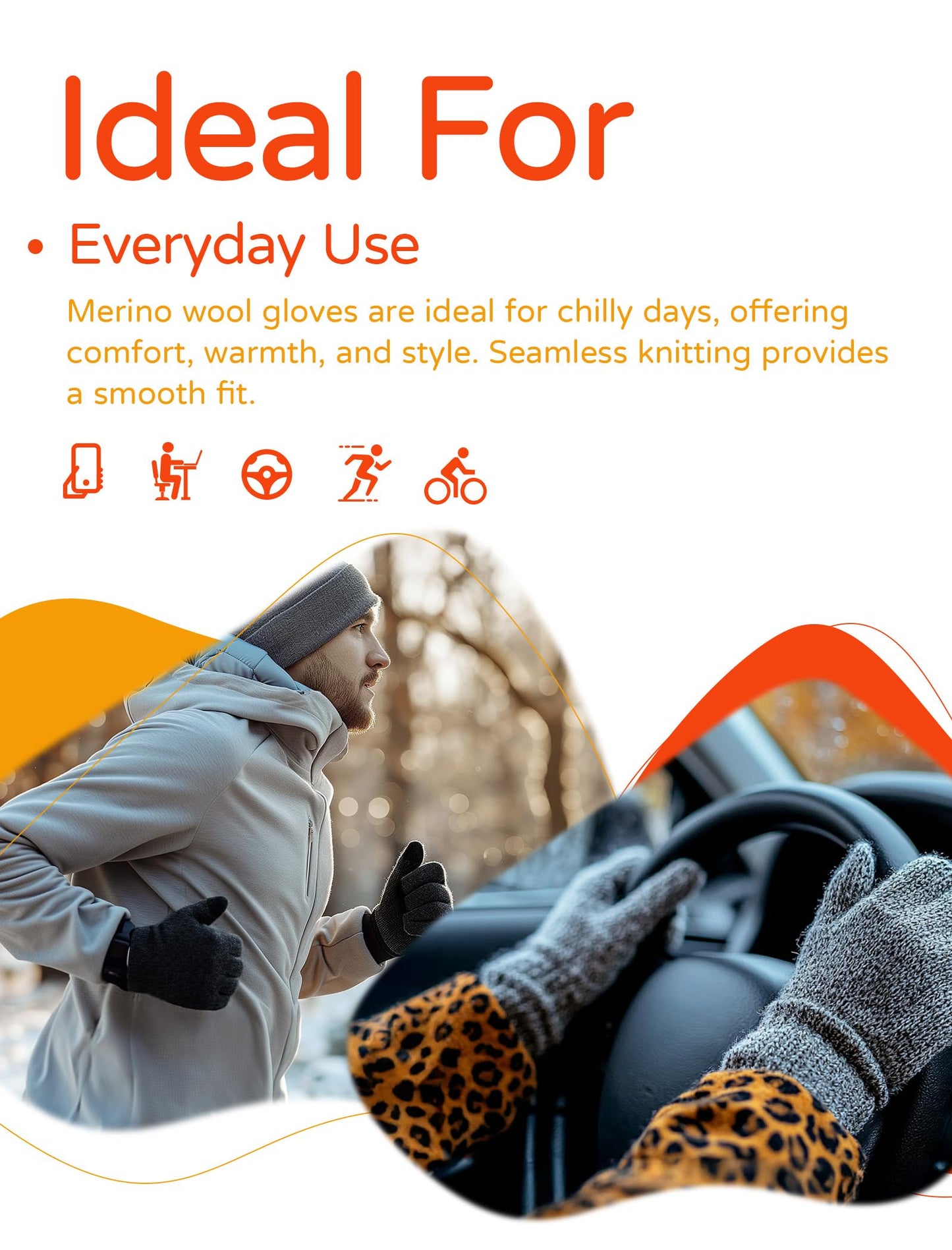 SONORAN Merino Wool Gloves for Men & Women, Touch Screen Liner Gloves Base Layer Warm Gloves with Thermal Soft Knit Lining Glove for Driving Running Hiking S/M (Black Gray)