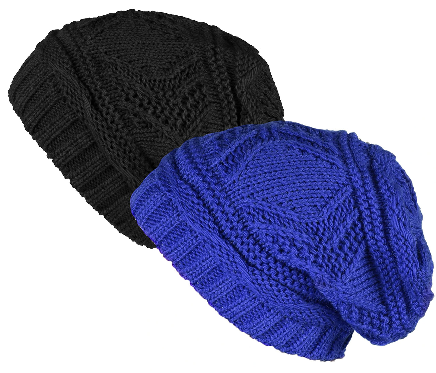 Lilax Knit Slouchy Oversized Soft Warm Winter Beanie Women Hat 2 Pack Black-Royal Blue