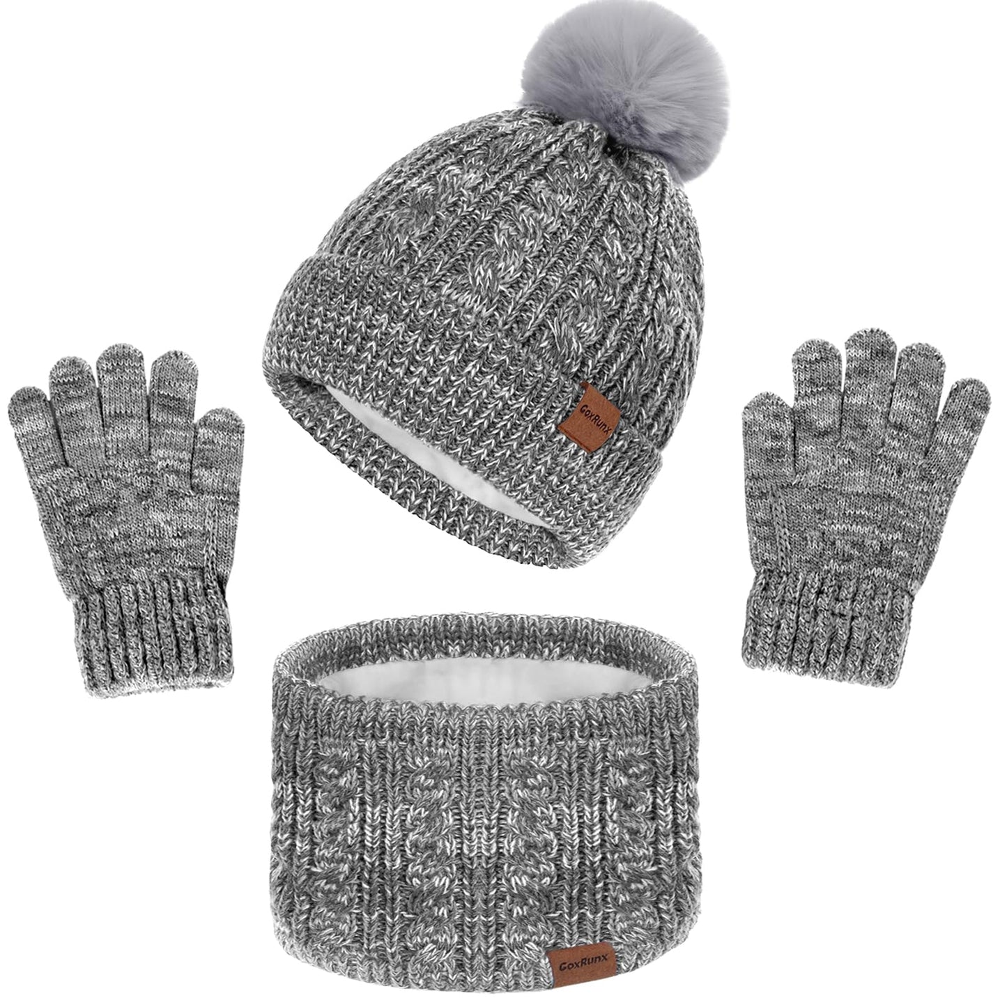 3 Pcs Kids Winter Hat Gloves Scarf Set, Toddler Knitted Beanie Hat Neck Warmer Mittens Fleece Lined Set for Boys and Girls (Grey Mix, 2-8 Years)