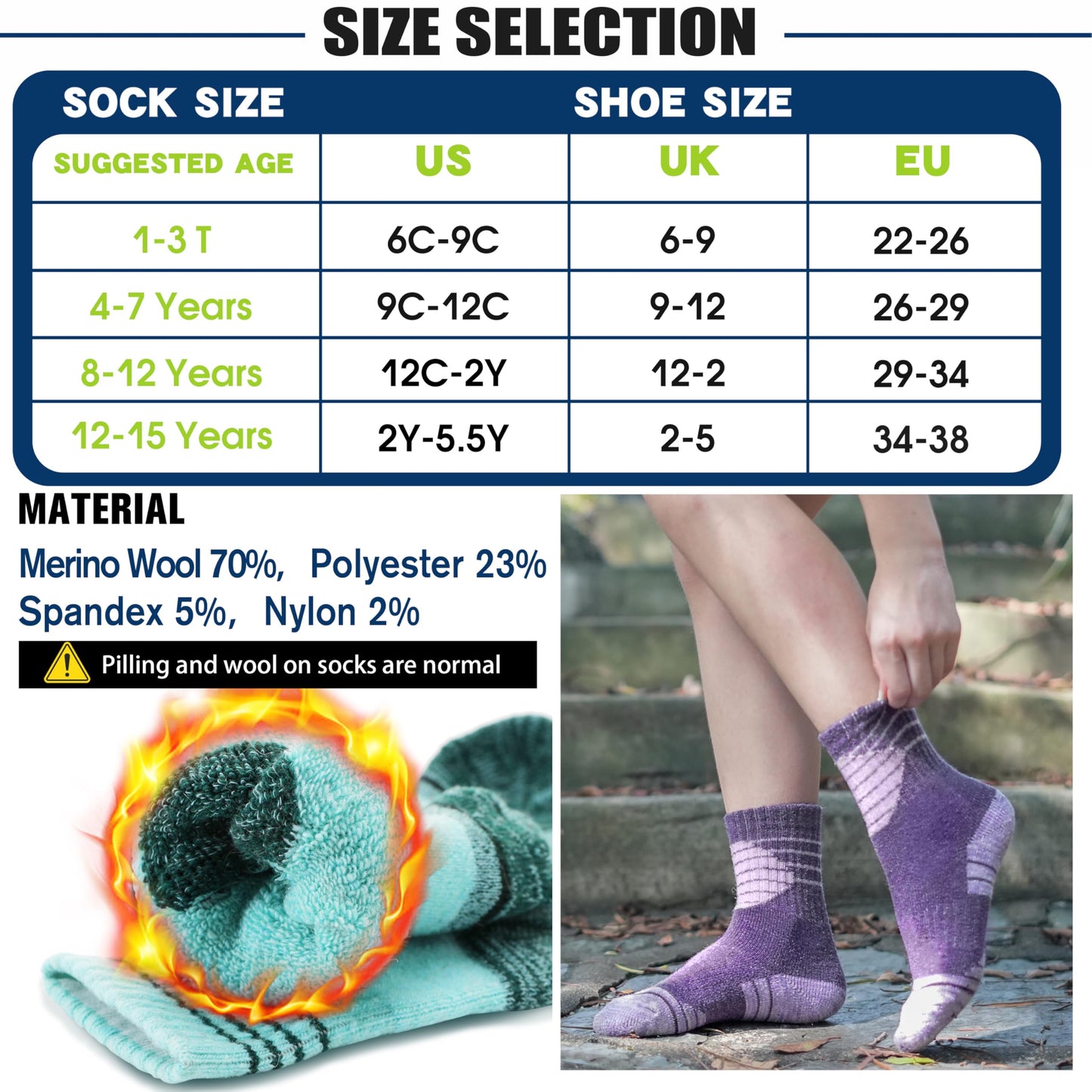 ANTSANG Kids Merino Wool Hiking Socks Boys Girls Toddlers Thermal Warm Winter Thick Cushion Snow Ski Crew Youth Socks 6 Pairs Gift Stocking Stuffers(Assorted,12-15 Years)