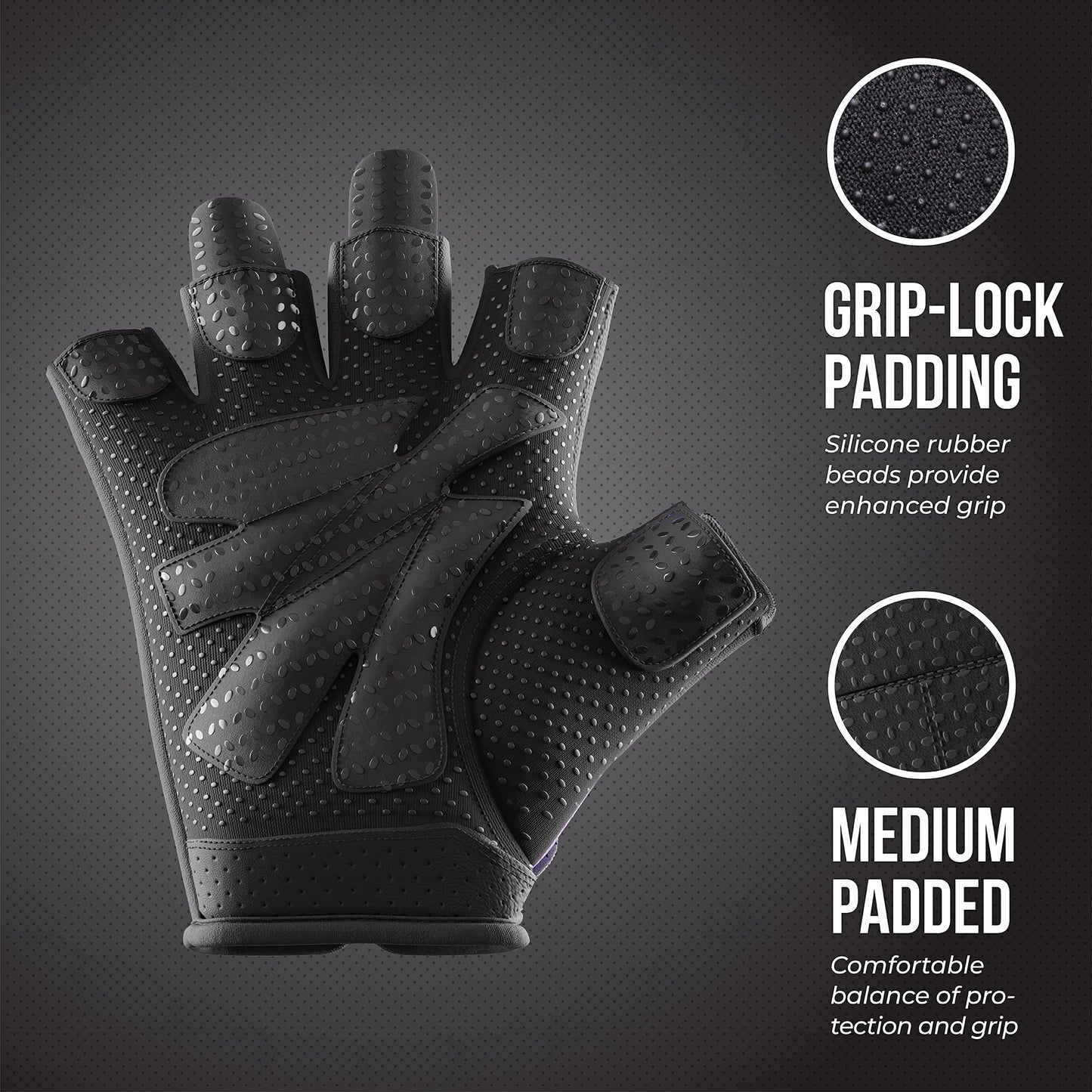 Contraband Pink Label 5137 Women's Padded Weight Lifting and Rowing Gloves w/Grip-Lock Padding (Pair) - Machine Washable Fingerless Workout Gloves Designed Specifically for Women (Purple, X-Small)