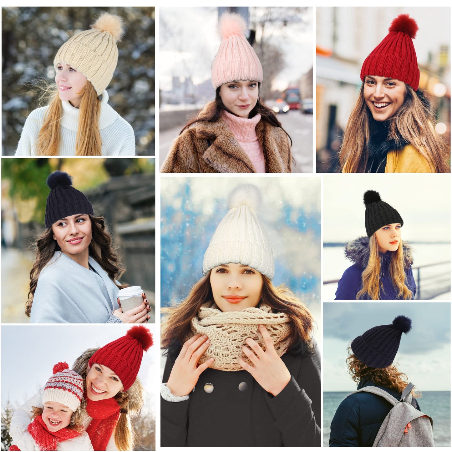 Muryobao Womens Winter Beanie Hat Warm Silk Satin Lined Cuffed Cable Knit Hat with Detachable Pom Ski Skull Cap White