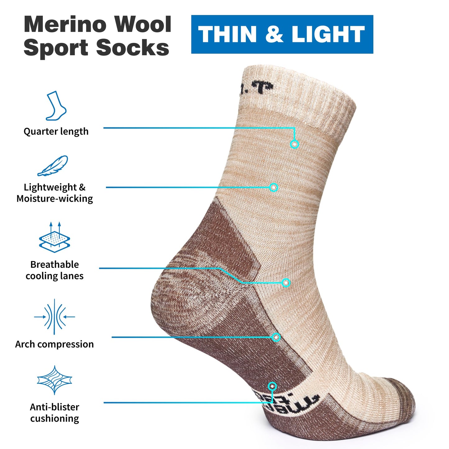 Merino.tech Thin Merino Wool Socks for Women and Men - Merino Wool Running Socks Quarter Style (Sahara Sand Pack of 2, 9-11)