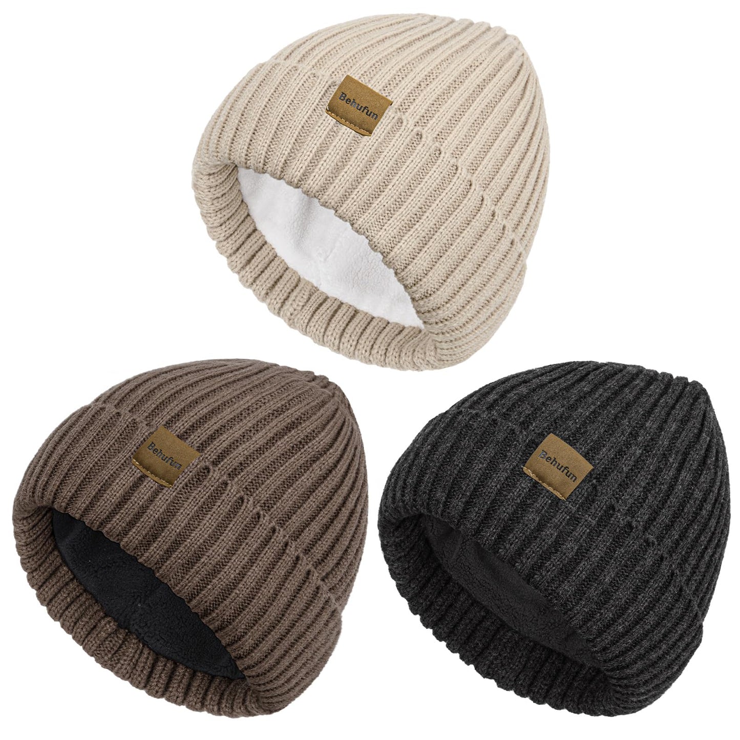 Behufun Beanies Hats Men 3 Pack, Unisex Beanie for Men Women, Warm Soft Polar Fleece Lining Thick Knit Cuff Winter Hat