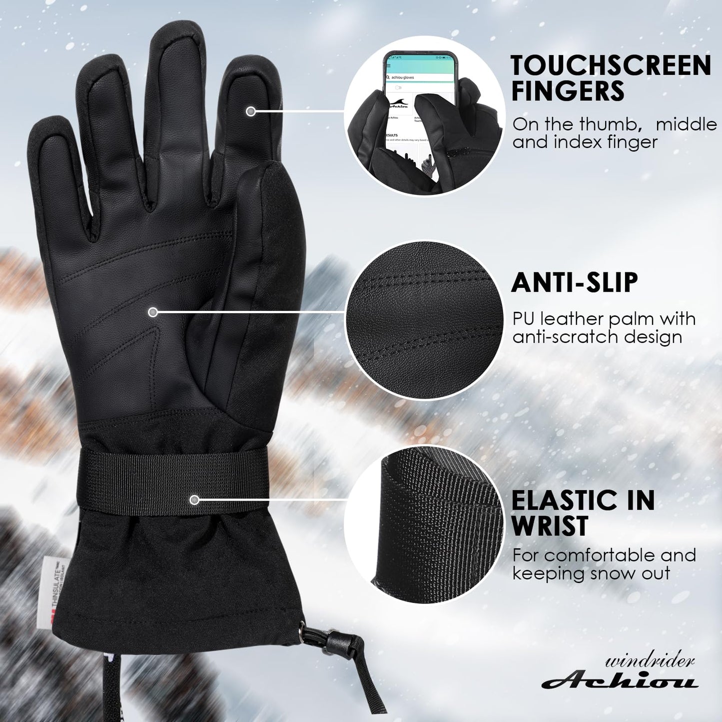 Achiou Ski Gloves Waterproof Snowboard Gloves,Winter Cold Weather Gloves for Men & Women,Touchscreen Snow Mittens