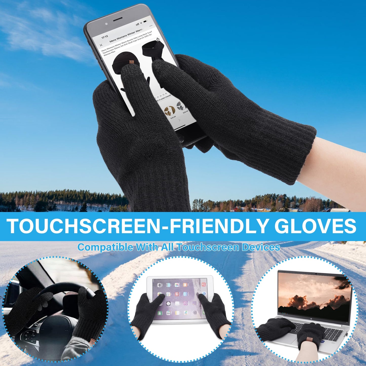 Mens Womens Winter Beanie Hats Touchscreen Gloves Neck Scarf Warmer Set Knit Skull Cap with Fleece Lined Gifts for Men Women Black