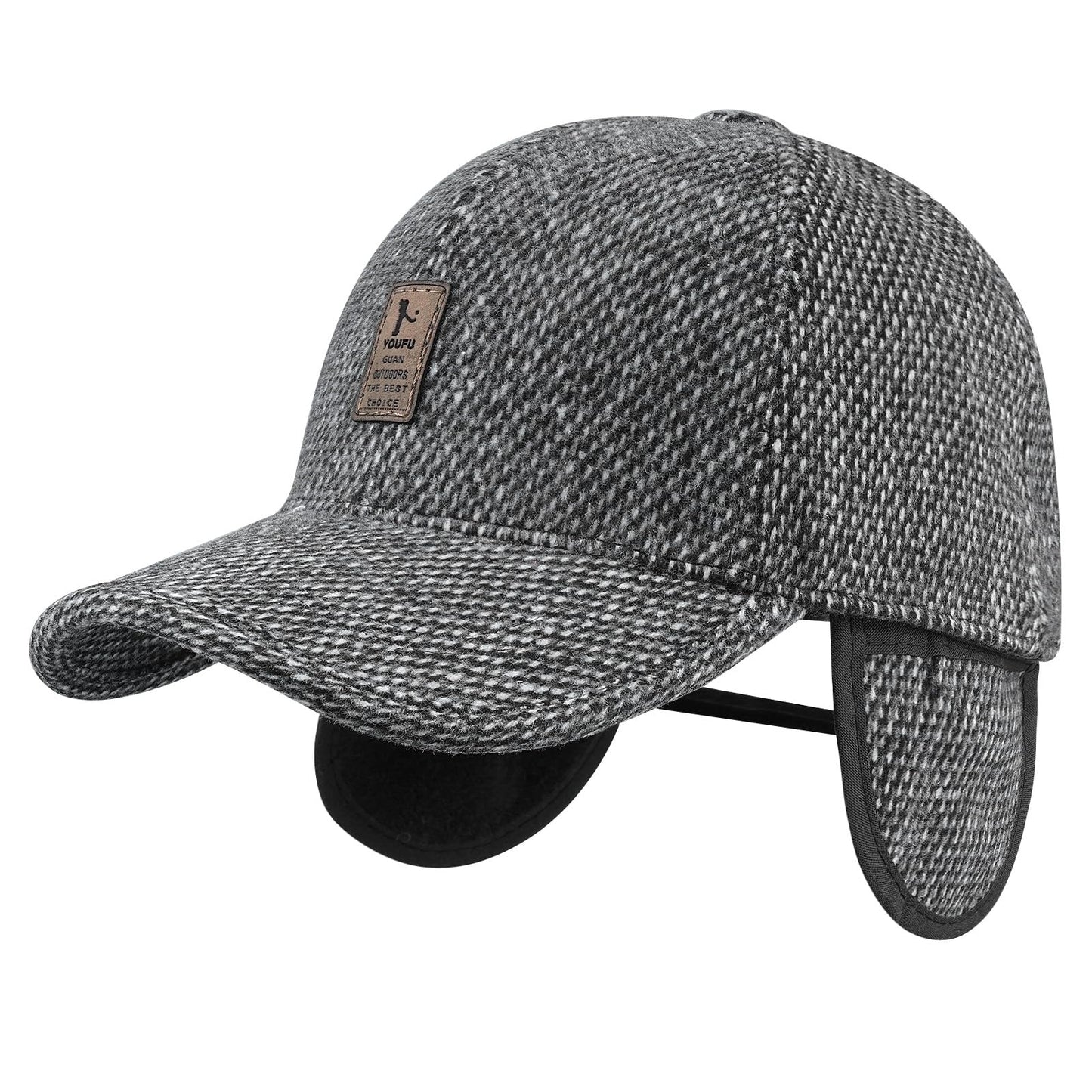 Clakllie Men's Winter Warm Woolen Peaked Baseball Cap Hat with Earmuffs Metal Buckle Unisex Fitted Hats Dad Hats,Gray-1