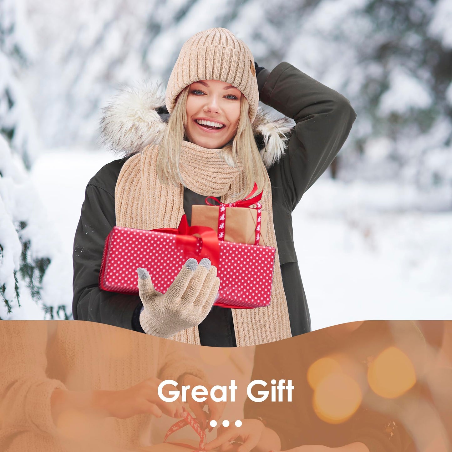Beanie Hat for Womens Scarf Gloves Set, Fleece Lined Long Knit Scarf Touchscreen Gloves Winter Cap for Cold Weather Black