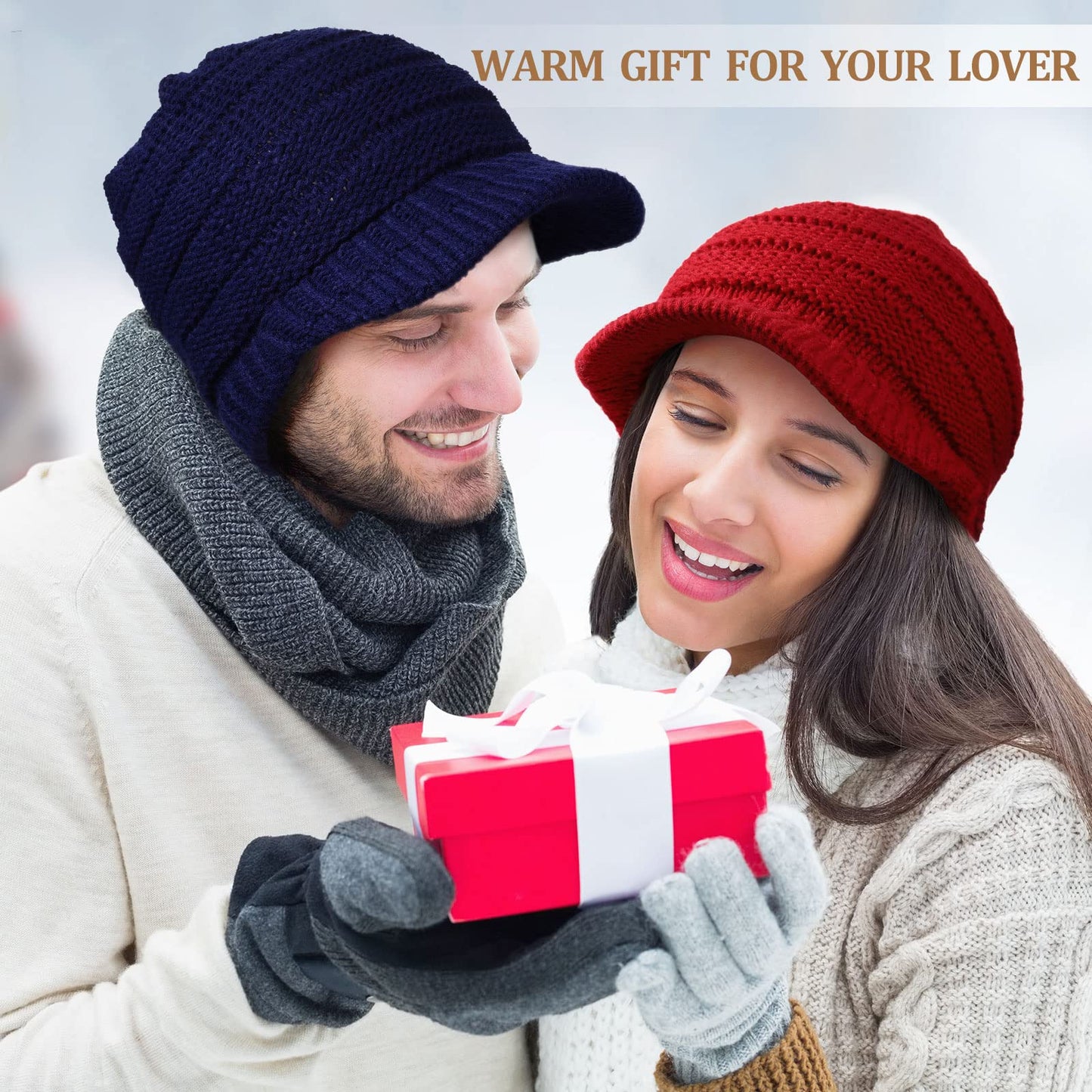 SATINIOR Women Knit Hat Winter Brim Beanie Hats for Women Slouchy Beanie Cap with Visor Warm Newsboy Skull Cap (Navy, Beige, Wine Red, 3)