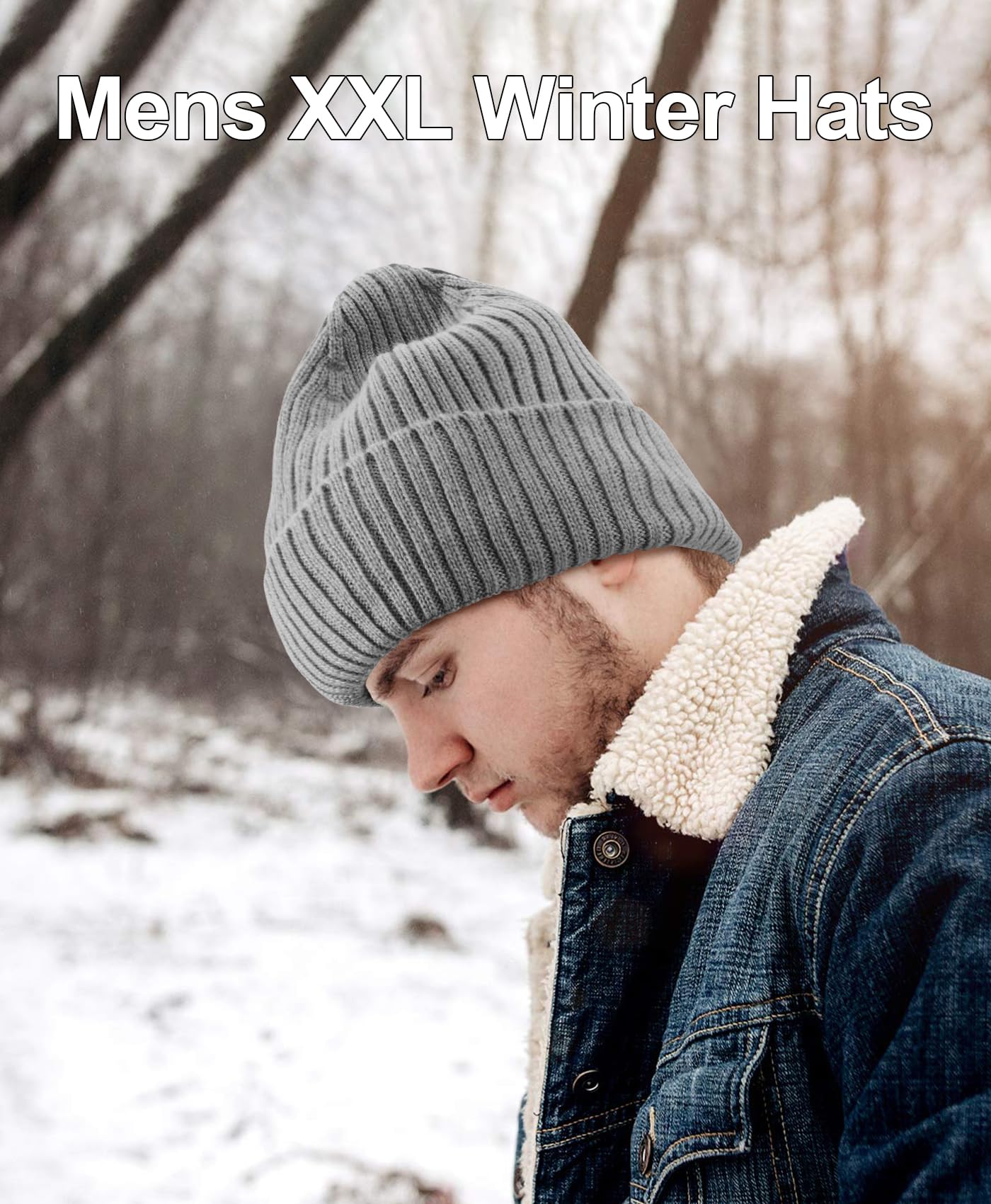 Oversize XL XXL Merino Wool Beanie for Men Big Head, Large Winter Stocking Hats, Plus Size Cuffed Beanie Skull Cap, Big Knitted Ski Hats Grey