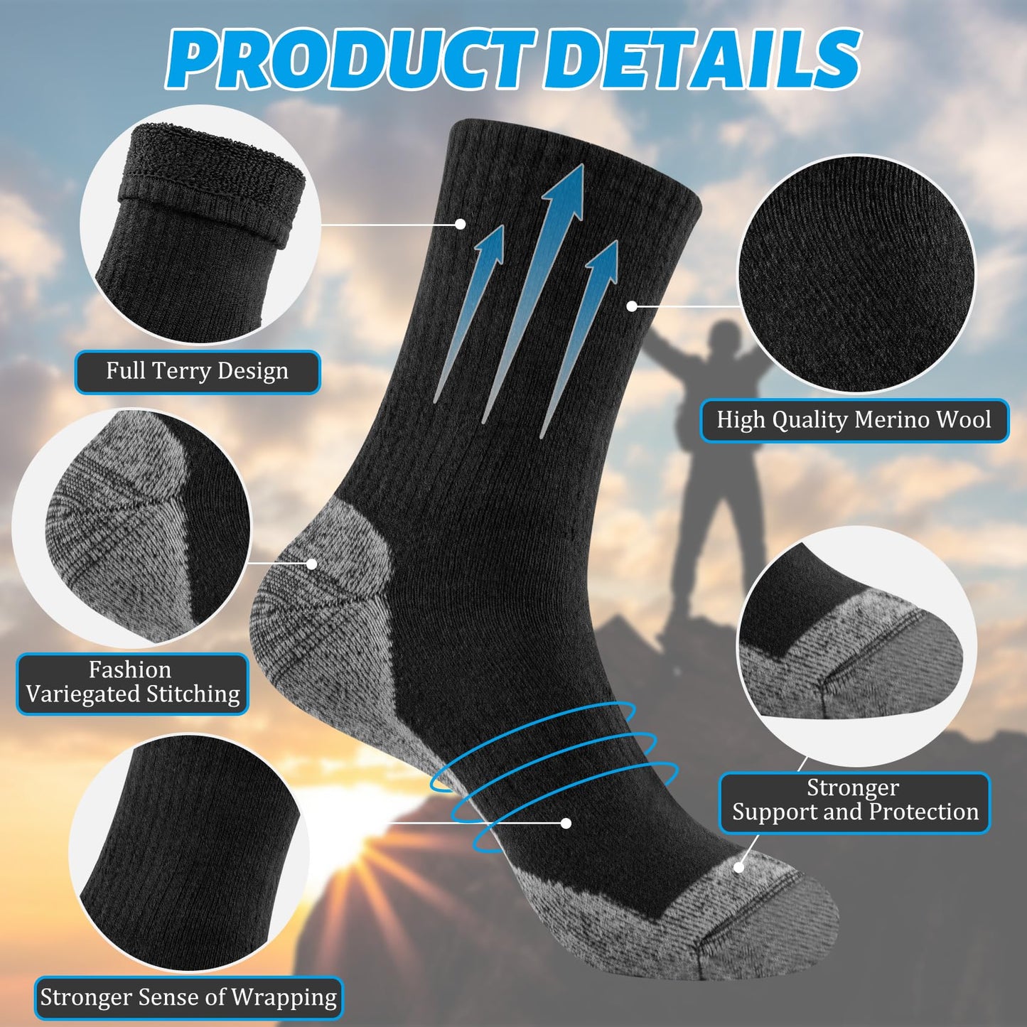 4 Pairs Mens Merino Wool Socks, Breathable Hiking Outdoor Warm Winter Socks for Men Cold Weather Mottled Black+Grey (4 pairs)