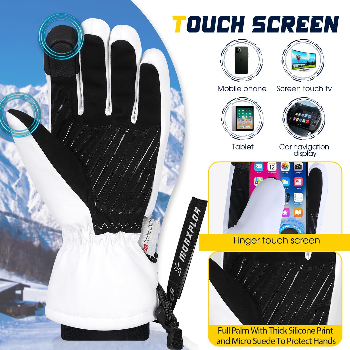 MORXPLOR Winter Ski Snow Gloves Men Women,Waterproof Windproof Touchscreen Snowboard Gloves,3M Thinsulate Insulated Warm Winter Snowmobile Gloves