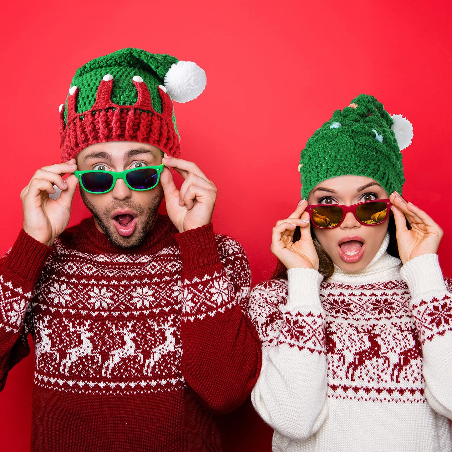 Sumind 2 Pieces Unisex Christmas Knit Beanie Santa Hat Winter Warm Crochet Bearded Cap with Fur Pom Pom Handmade Knitted Reindeer Cap for Adult