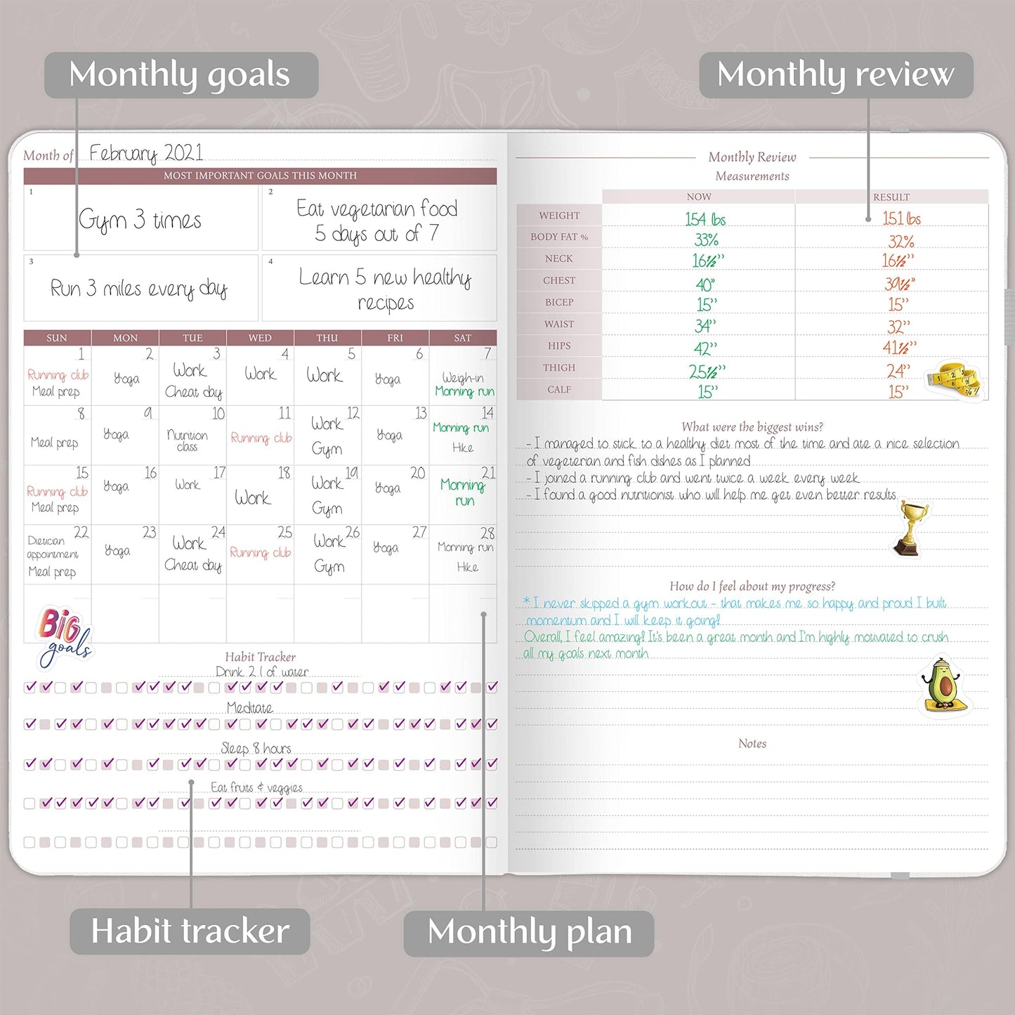 Legend Fitness & Food Journal – Nutrition & Workout Planner with Exercise Calendar & Nutrient Tracker – Gym Training & Diet Log Book for Women & Men – Lasts 3 Months, 7.5”x10” (White)