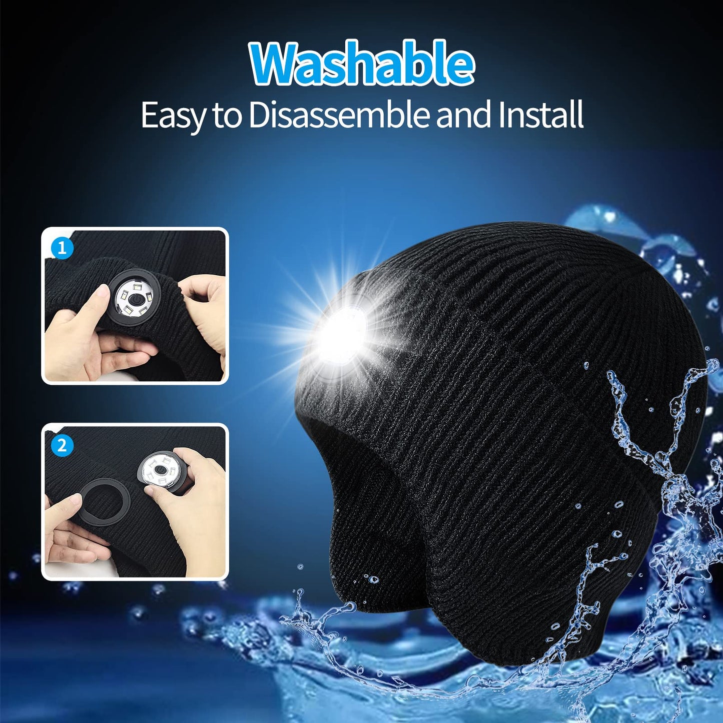 TOUCH TWO Mens Gifts Beanie Hat with Light, USB Rechargeable LED Headlamp Hat, Unisex Winter Hats Warm Knitted Earflap Beanie Stocking Stuffers for Women Men (Black)