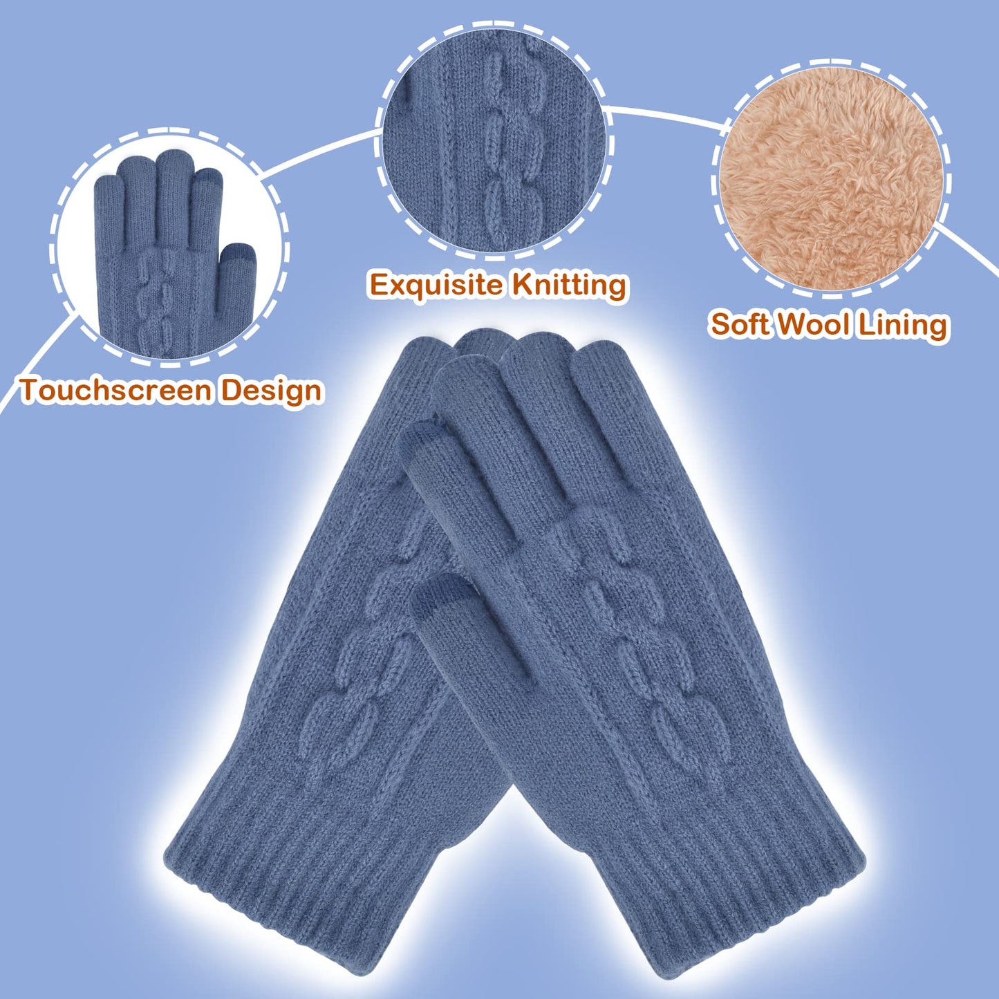 Slouchy Beanie Hat Gloves Set Women Winter Knit Knitted Warm Fleece Lined Cap Cute Fur Pom Ball Faux Pompom Soft Chunky Thick Cable Fluffy Wool Ladies Blue Slouch Hats Cold Weather Snow Accessories