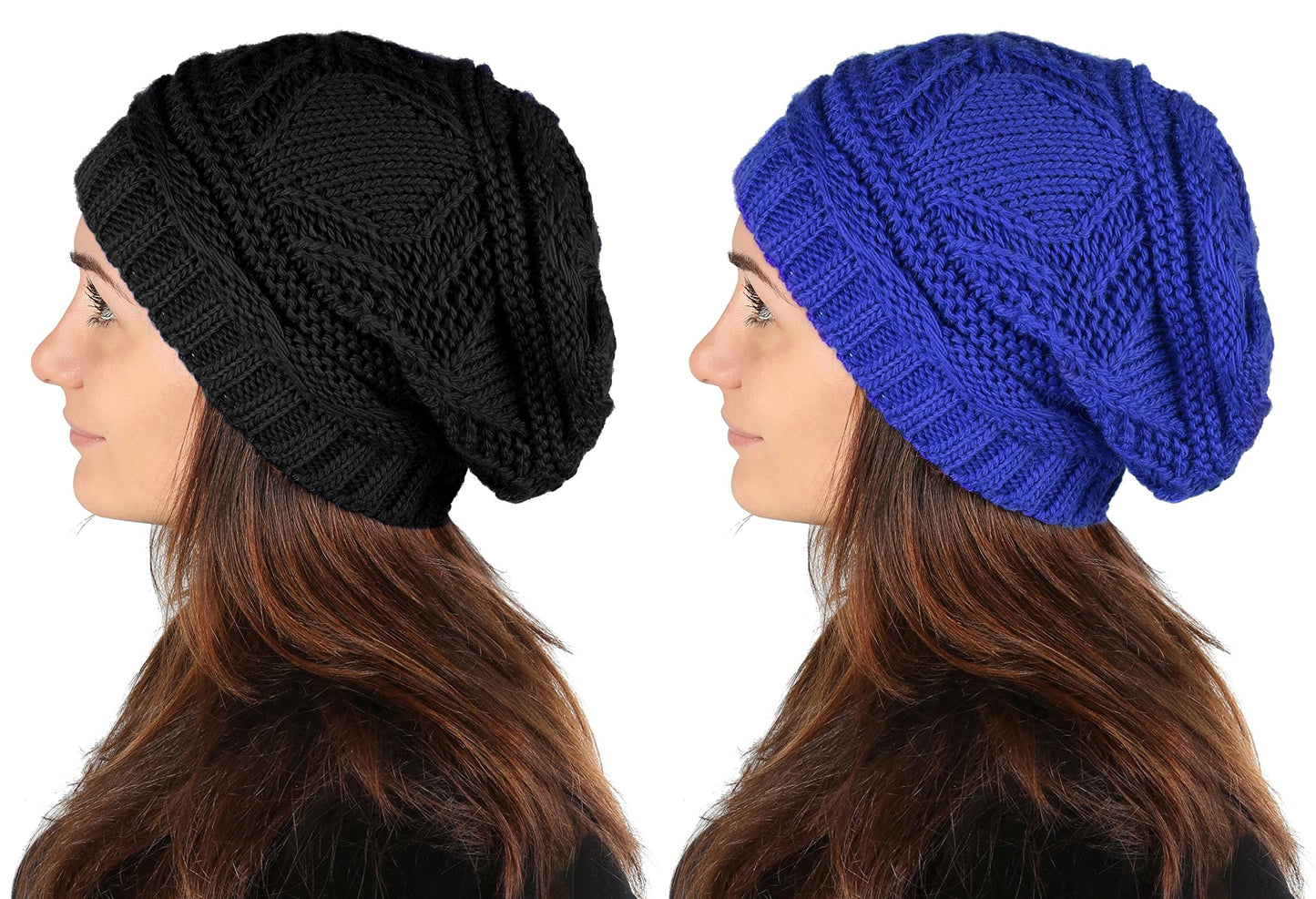 Lilax Knit Slouchy Oversized Soft Warm Winter Beanie Women Hat 2 Pack Black-Royal Blue