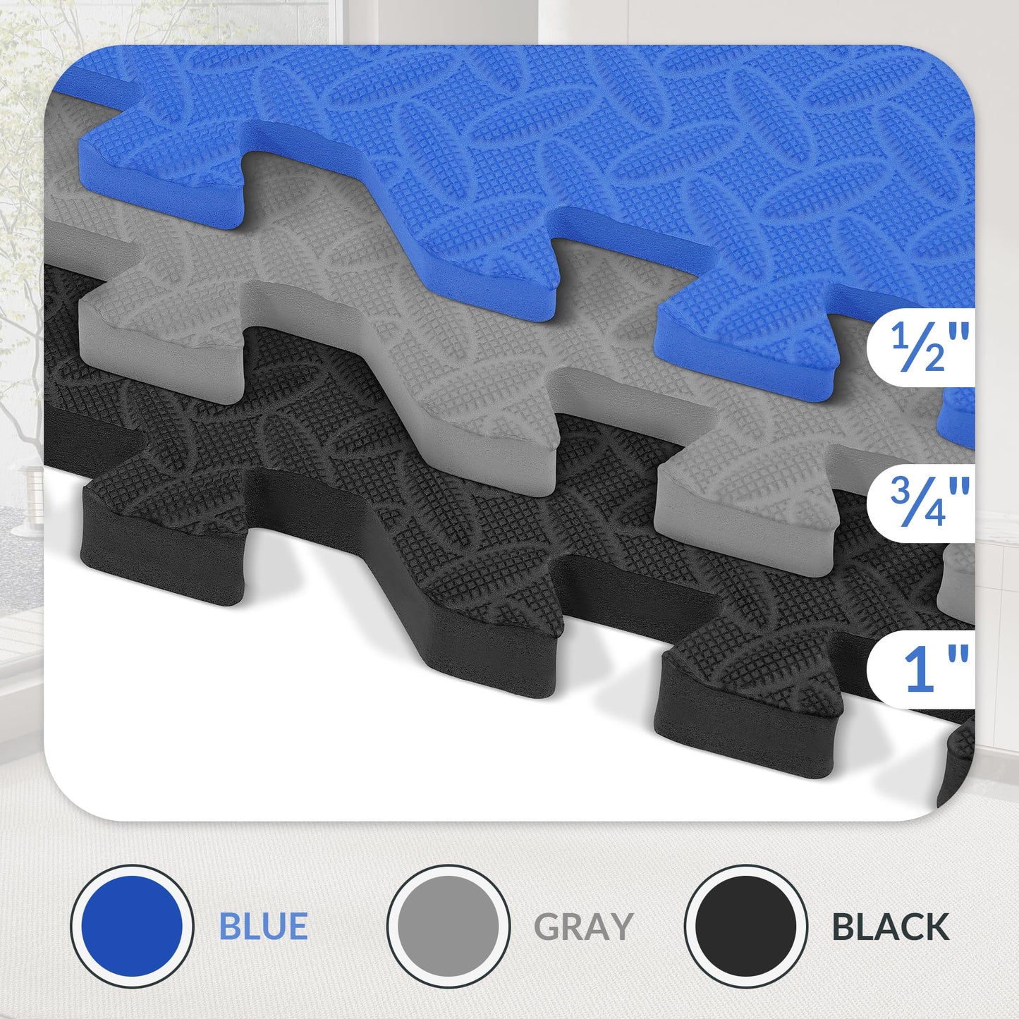 Signature Fitness Puzzle Exercise Mat with EVA Foam Interlocking Tiles, Blue, 3/4” Thick, 6 Tiles, 24 Sq Ft