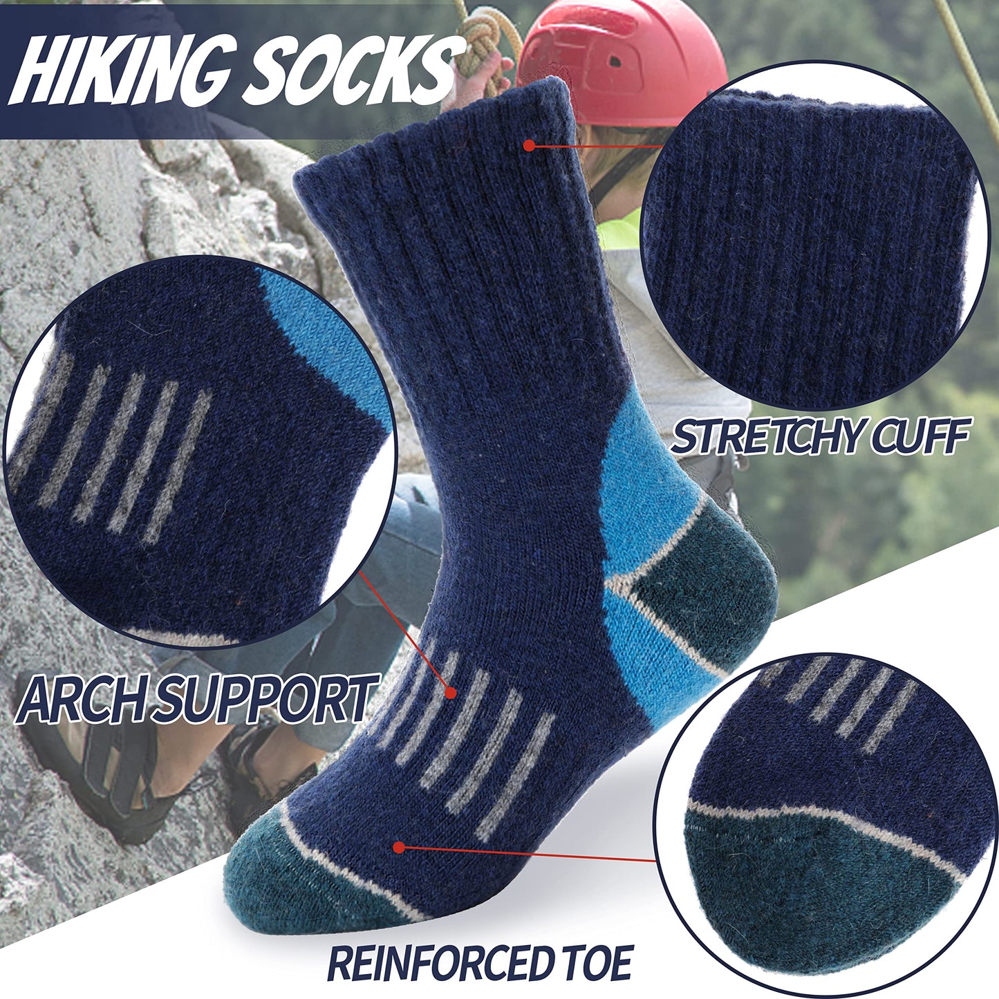EBMORE Kids Merino Wool Hiking Socks Boys Toddlers Girls Winter Thermal Thick Warm Boot Cushion Ski Snow Gift Socks Stocking Stuffers 6 Pairs (Color matching, 12-15 Y)