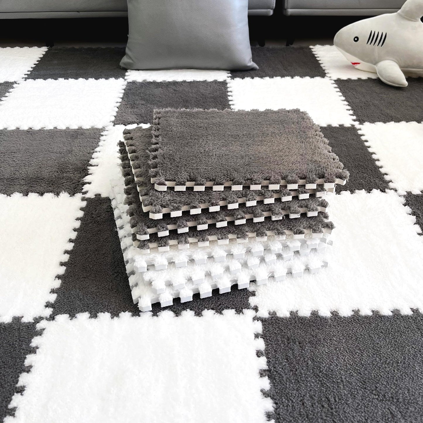 easycustomerlee 12pcs Tiled Puzzle Play Mats Interlocking Shaggy Soft EVA Foam Mats Protective Floor for Children Kids Room Home Parlor Bedroom(Gray)