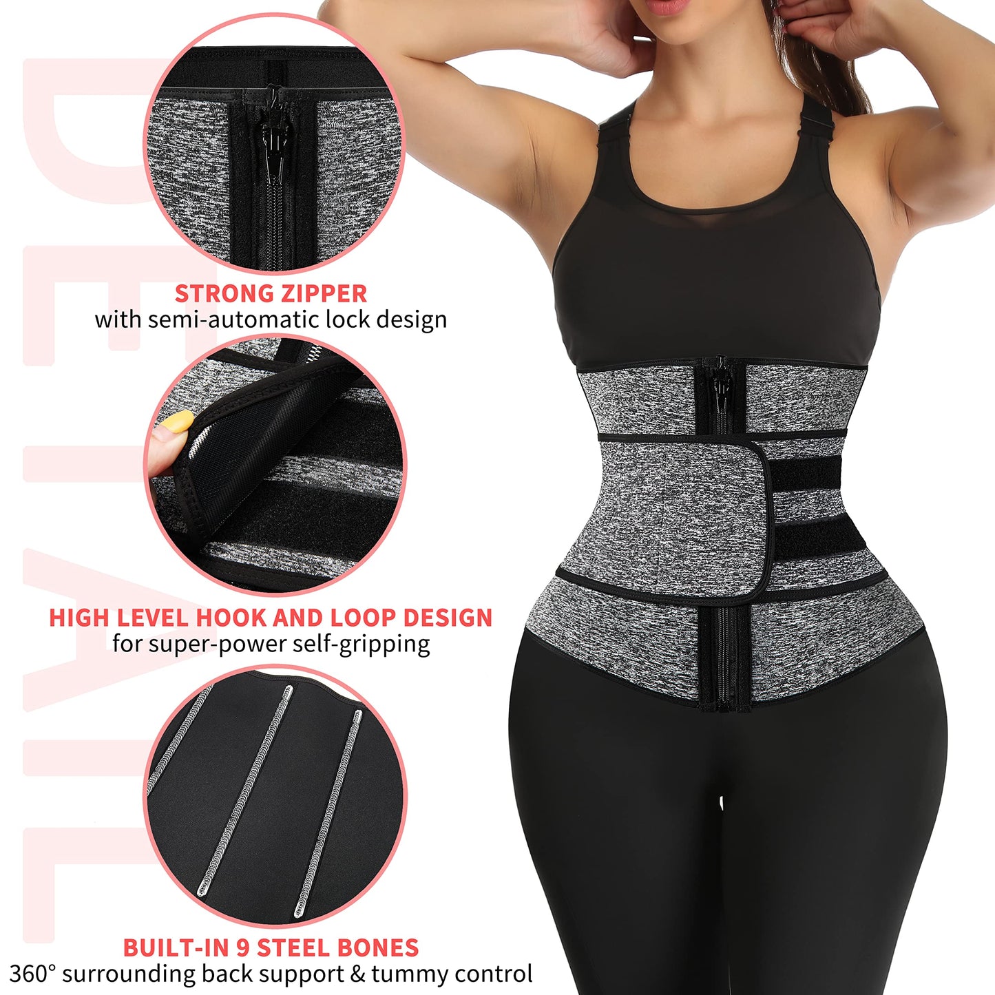 KIWI RATA 2 in 1 Neoprene Sauna Waist Trainer Corset Sweat Belt for Women Tummy Control Bands Compression Workout Fitness Trimmer,#1 Zipper Grey,Small