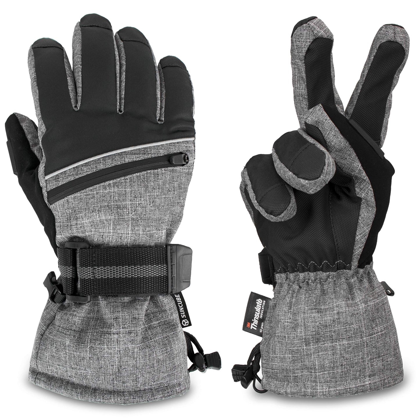 SUN CUBE Ski Gloves Men Women, Waterproof Thermal Winter Snow Gloves, Windproof 3M Thinsulate Snowboarding Snowmobile Skiing, Insulated Warmers Zipper Pocket Cold Weather Outdoor Snowboard, Gray L