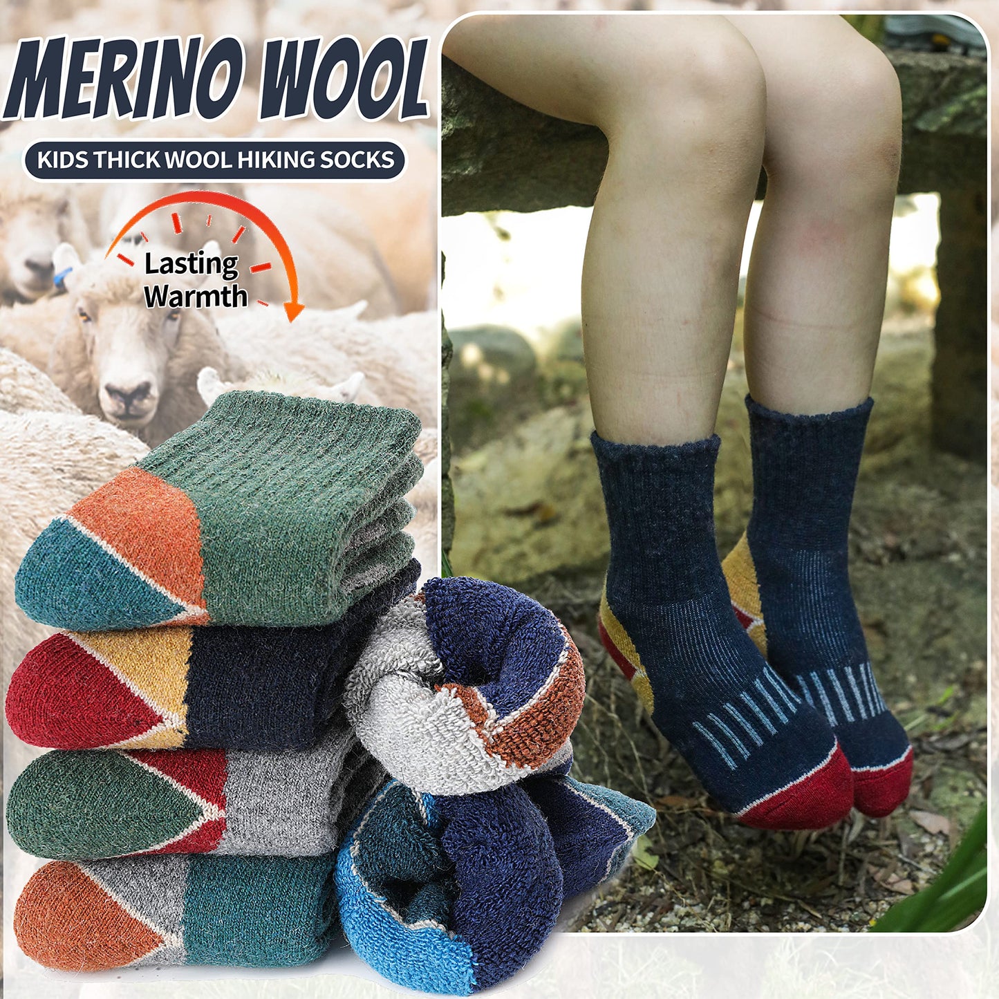 EBMORE Kids Merino Wool Hiking Socks Boys Toddlers Girls Winter Thermal Thick Warm Boot Cushion Ski Snow Gift Socks Stocking Stuffers 6 Pairs (Color matching, 12-15 Y)