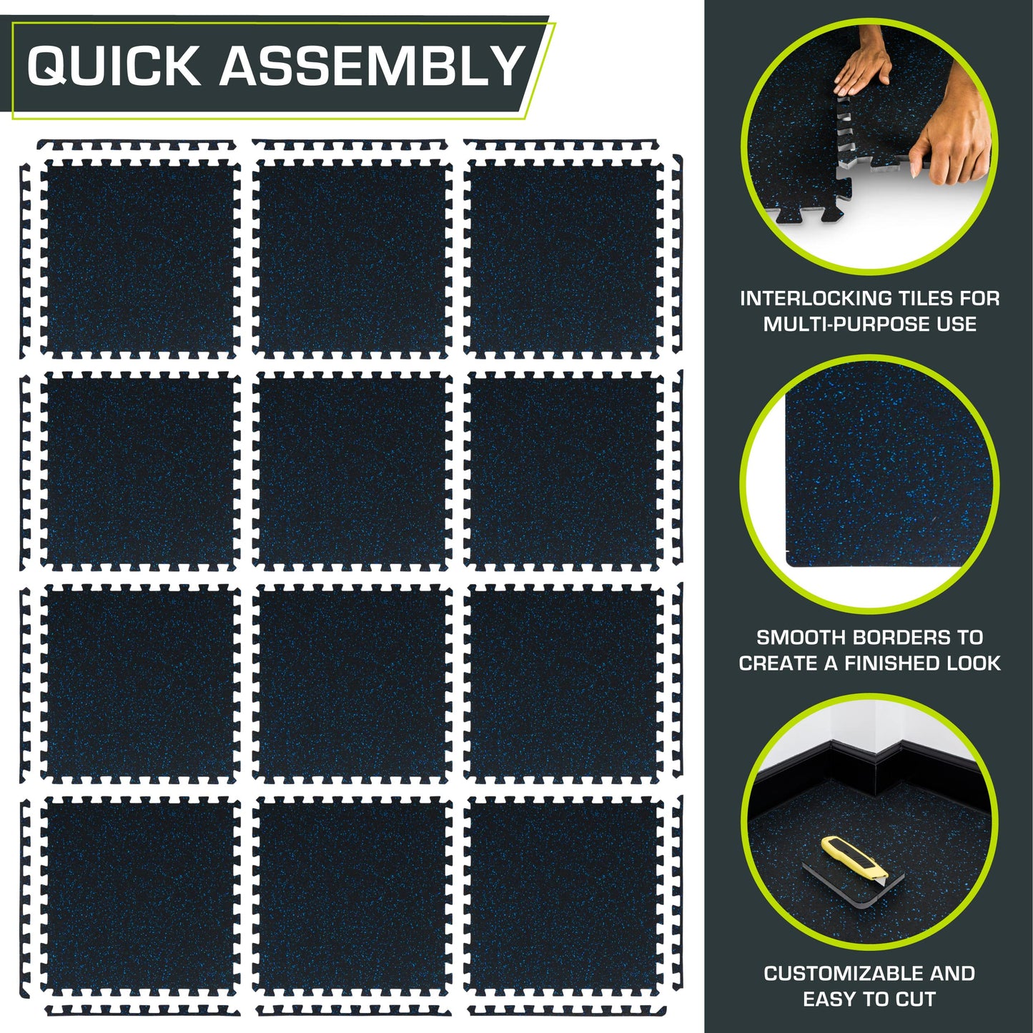 ProsourceFit Rubber Top Exercise Puzzle Mat ½-inch, 48 SQFT, 12 Tiles, EVA Foam Interlocking Tiles for Home Gym Protective Flooring for Equipment and Workouts, Blue