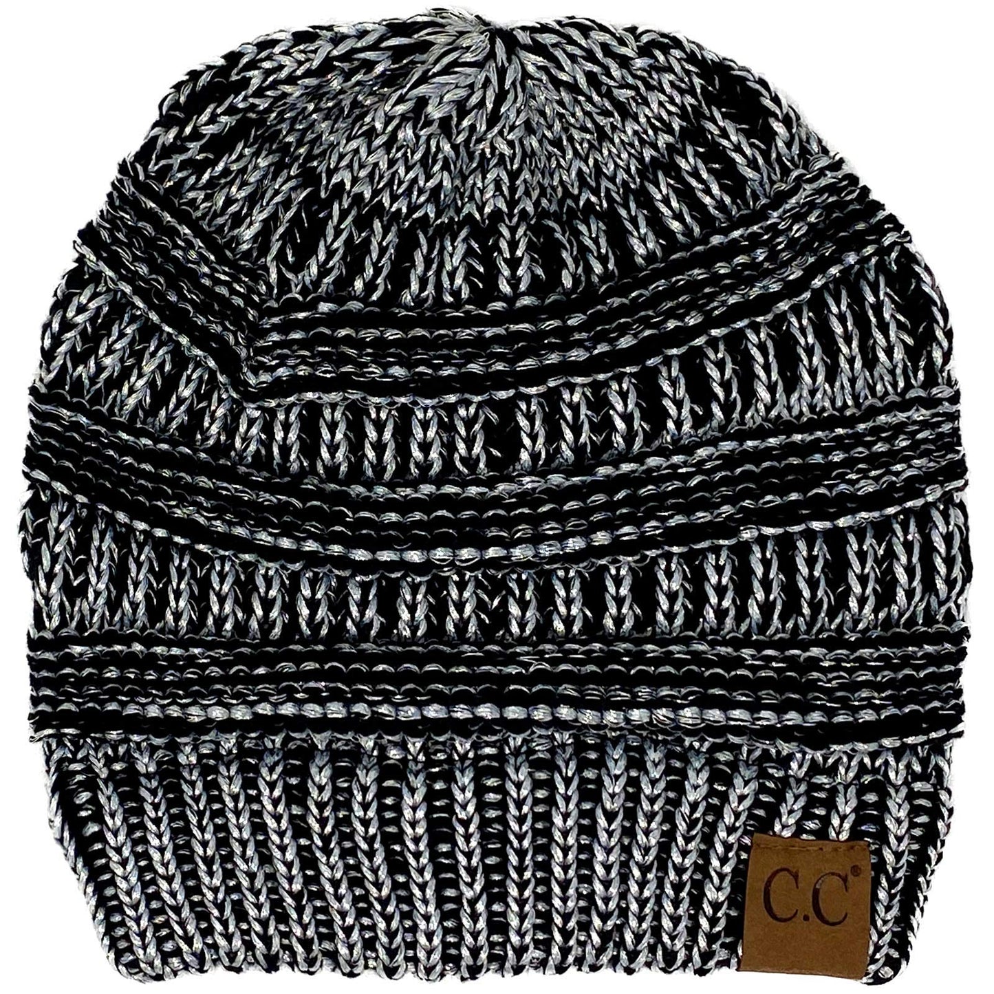 CC Classic Winter Fall Trendy Chunky Stretchy Cable Knit Beanie Hat (Metallic Black/Silver)