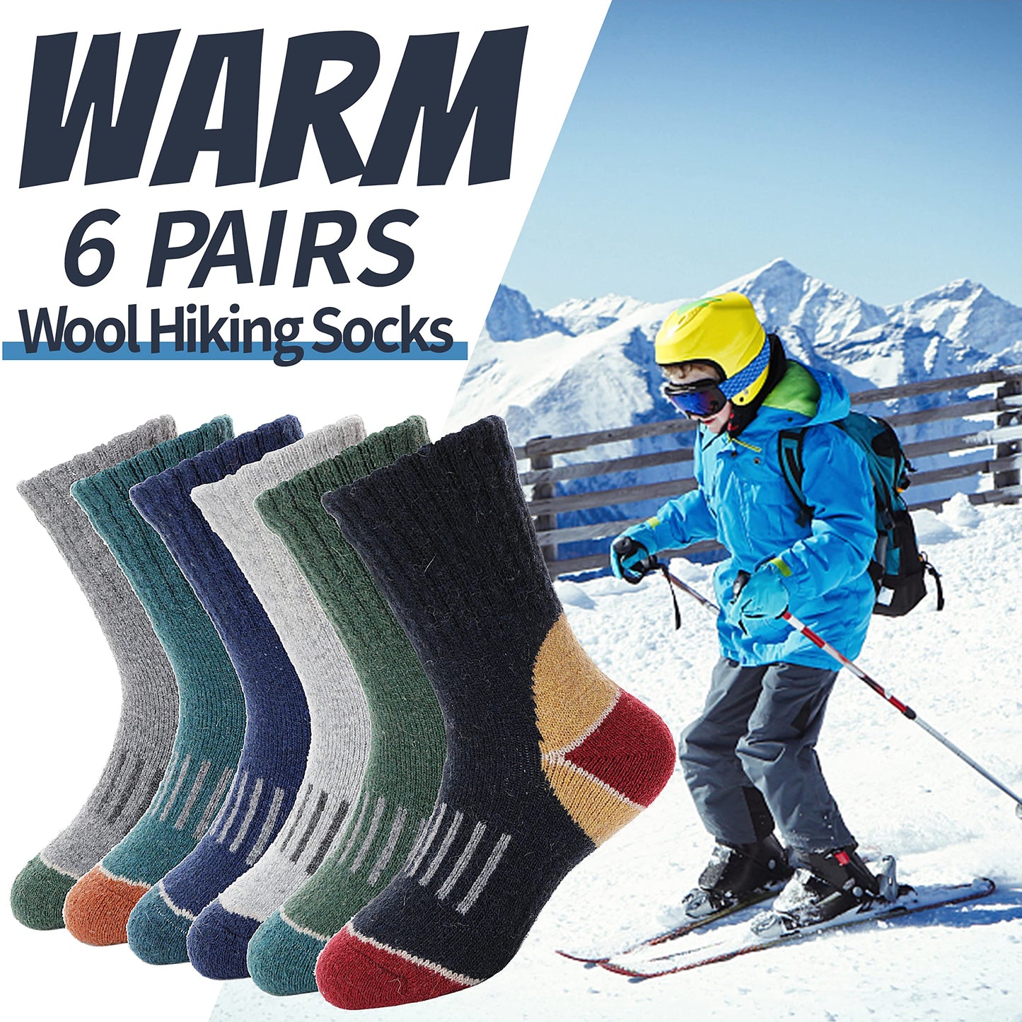 EBMORE Kids Merino Wool Hiking Socks Boys Toddlers Girls Winter Thermal Thick Warm Boot Cushion Ski Snow Gift Socks Stocking Stuffers 6 Pairs (Color matching, 12-15 Y)