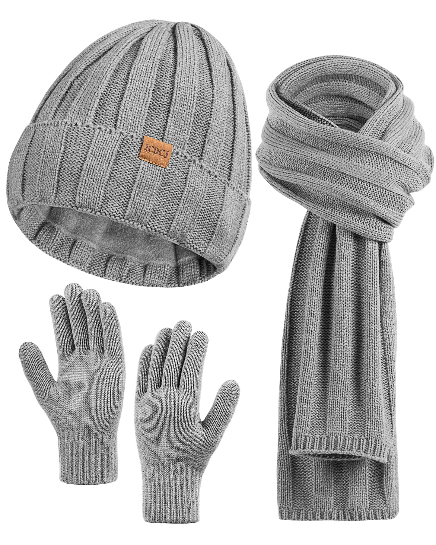 Womens Winter Beanie Warm Knit Hat Long Neck Scarf Touchscreen Gloves Set with Fleece Lined Skull Caps Gifts for Women Men