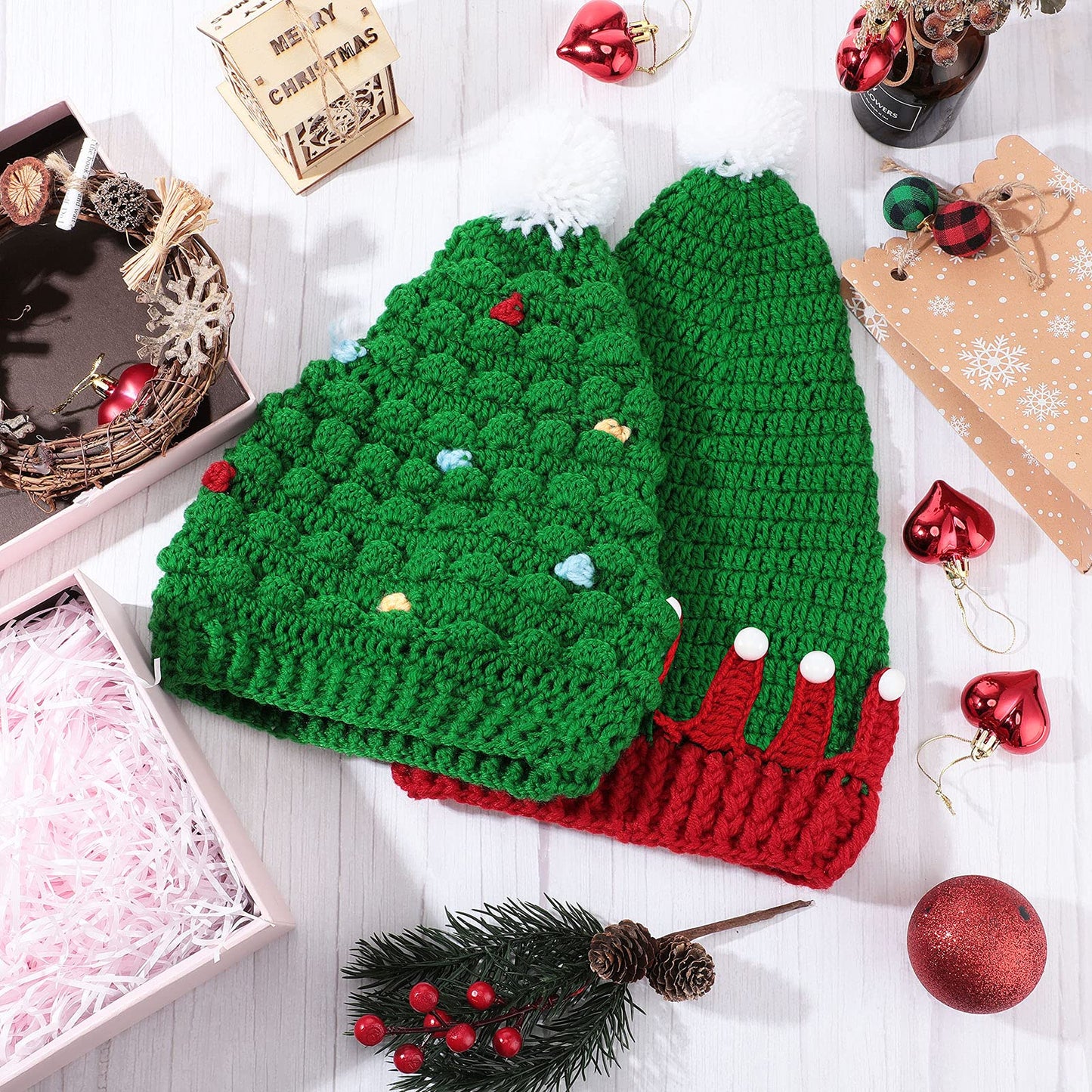 Sumind 2 Pieces Unisex Christmas Knit Beanie Santa Hat Winter Warm Crochet Bearded Cap with Fur Pom Pom Handmade Knitted Reindeer Cap for Adult