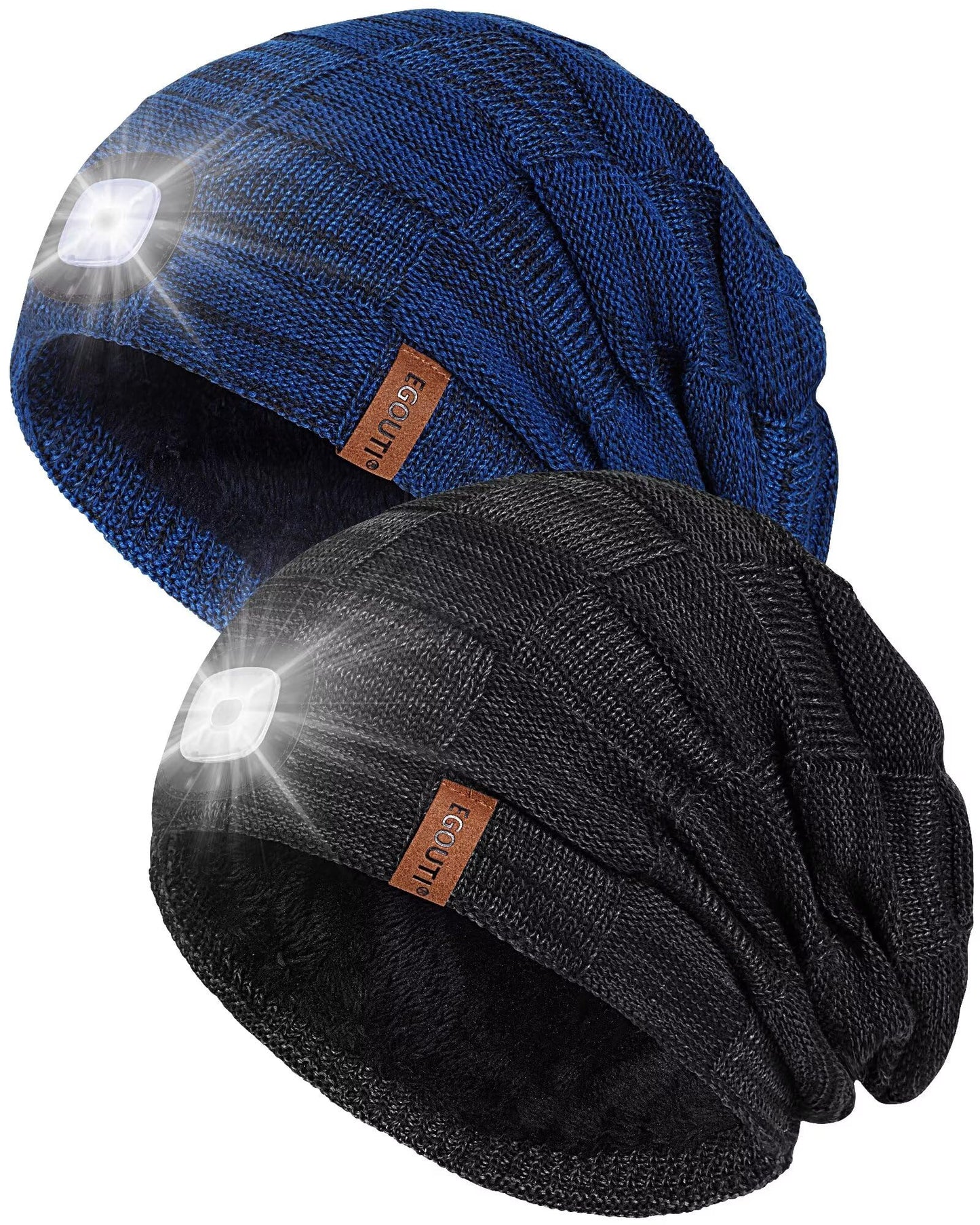 EGOUTI Beanie with Light Built in 2 Pack, Winter Slouchy LED Hat for Men Warm Fleece Lined, Headlamp Caps Flashlight Hats with USB Rechargeable, Gifts for Men Dad Husband-02