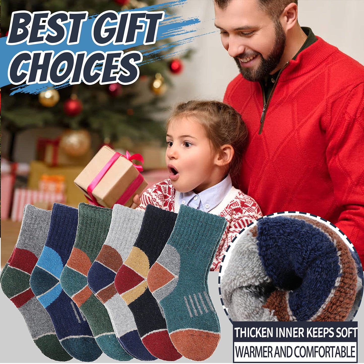 EBMORE Kids Merino Wool Hiking Socks Boys Toddlers Girls Winter Thermal Thick Warm Boot Cushion Ski Snow Gift Socks Stocking Stuffers 6 Pairs (Color matching, 12-15 Y)