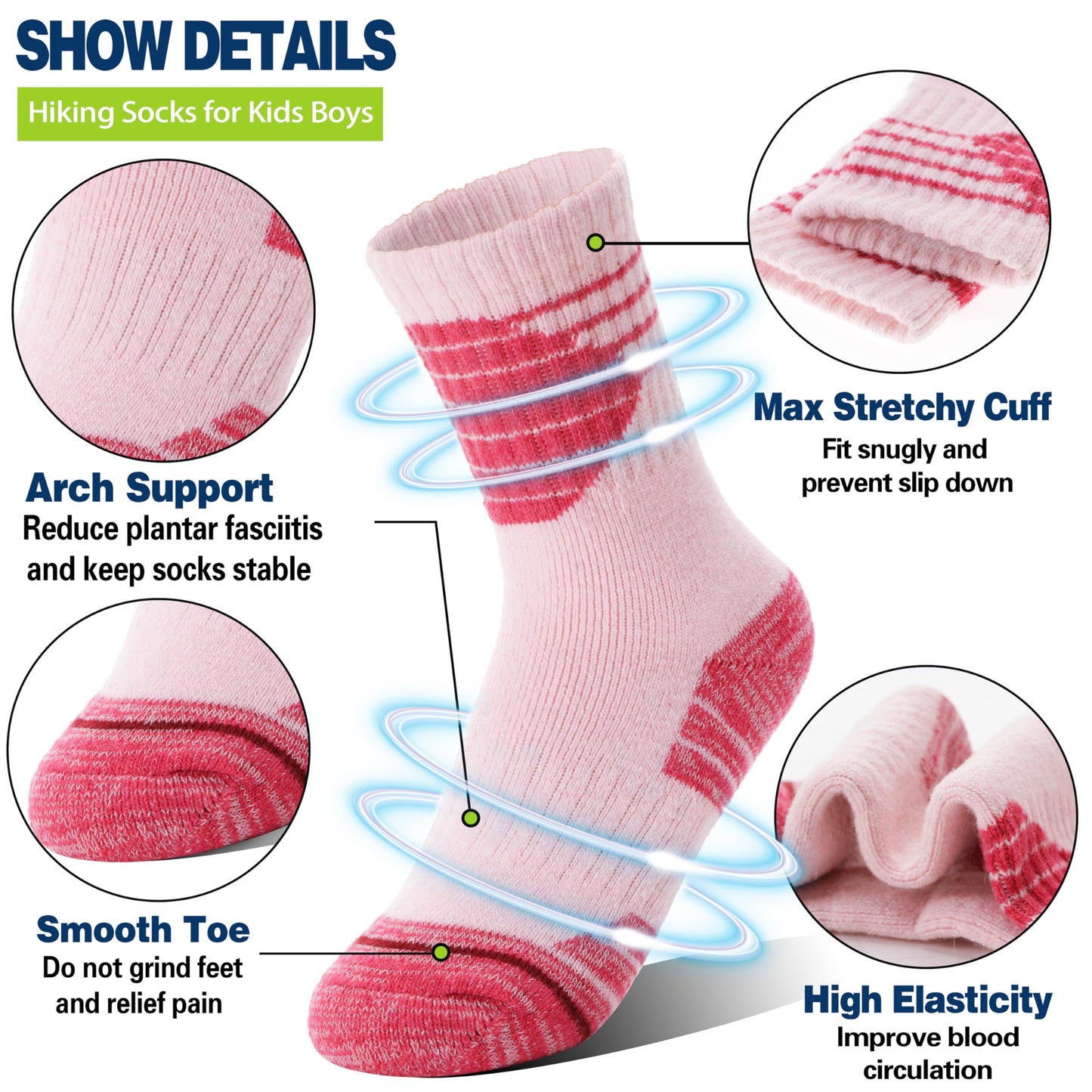 ANTSANG Kids Merino Wool Hiking Socks Boys Girls Toddlers Thermal Warm Winter Thick Cushion Snow Ski Crew Youth Socks 6 Pairs Gift Stocking Stuffers(Assorted,12-15 Years)