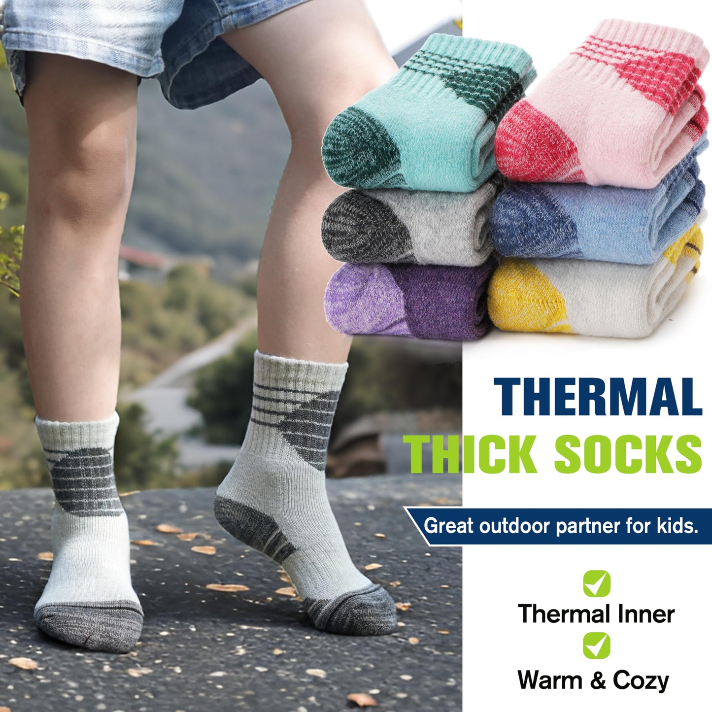 ANTSANG Kids Merino Wool Hiking Socks Boys Girls Toddlers Thermal Warm Winter Thick Cushion Snow Ski Crew Youth Socks 6 Pairs Gift Stocking Stuffers(Assorted,12-15 Years)
