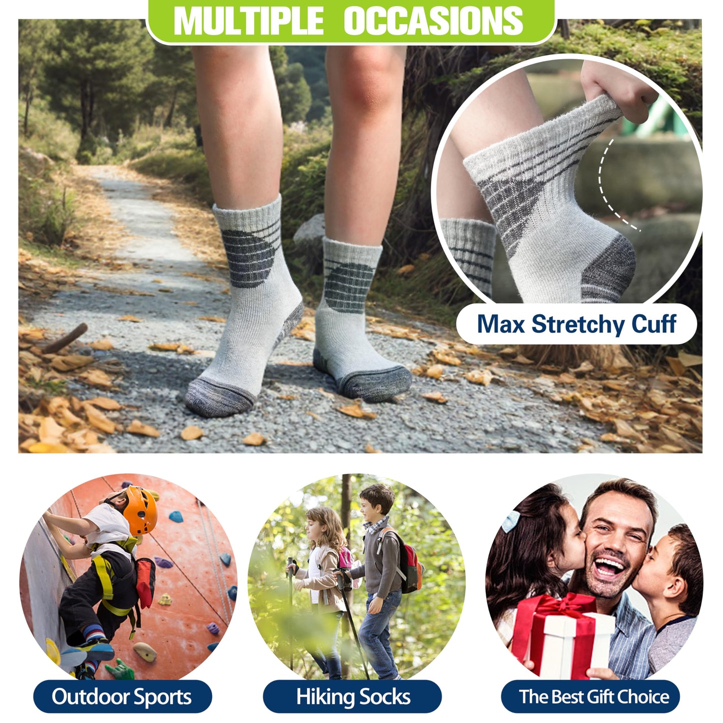 ANTSANG Kids Merino Wool Hiking Socks Boys Girls Toddlers Thermal Warm Winter Thick Cushion Snow Ski Crew Youth Socks 6 Pairs Gift Stocking Stuffers(Assorted,12-15 Years)