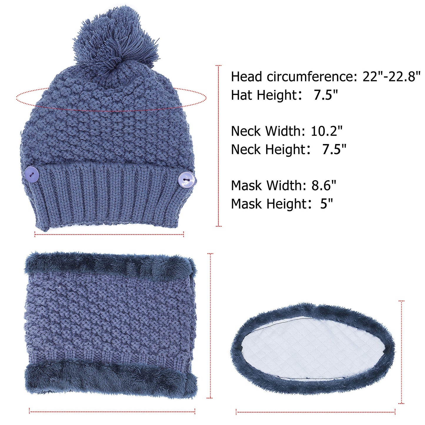 3-Pieces Winter Hat Scarf Mask Set Thick Knit Hat Warm Snow Ski Skull Cap for Men Women, Navy