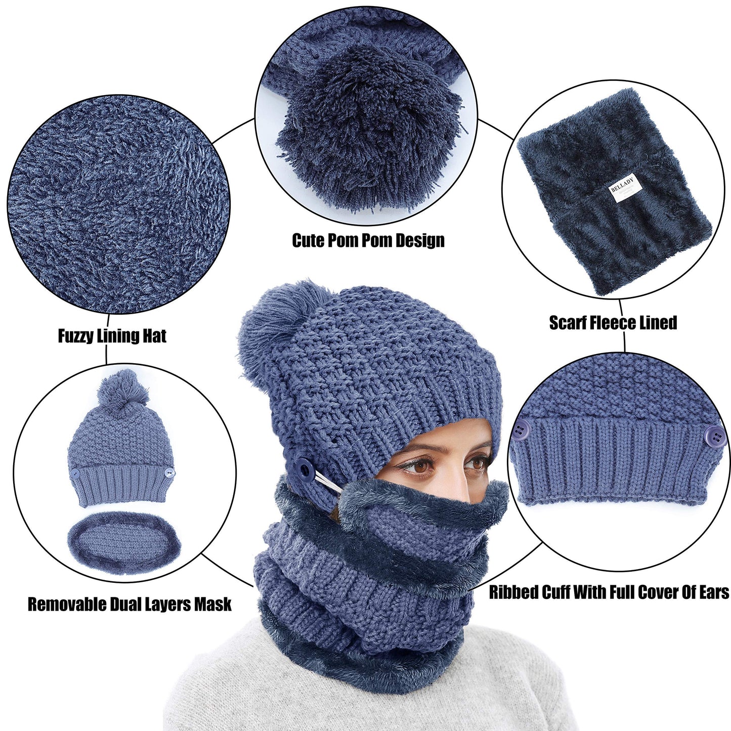 3-Pieces Winter Hat Scarf Mask Set Thick Knit Hat Warm Snow Ski Skull Cap for Men Women, Navy