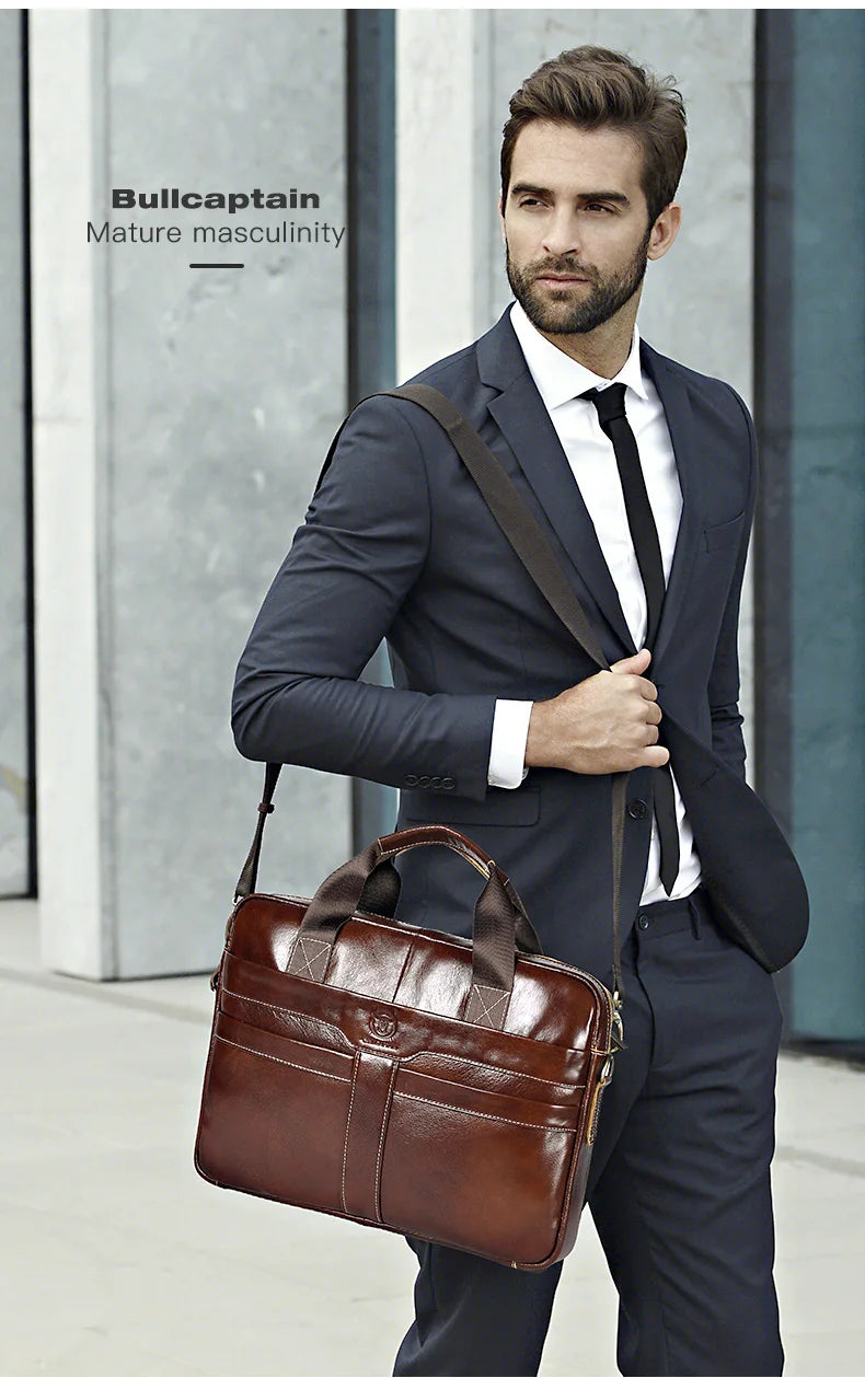 BULLCAPTAIN Leather Laptop Briefcase Bag
