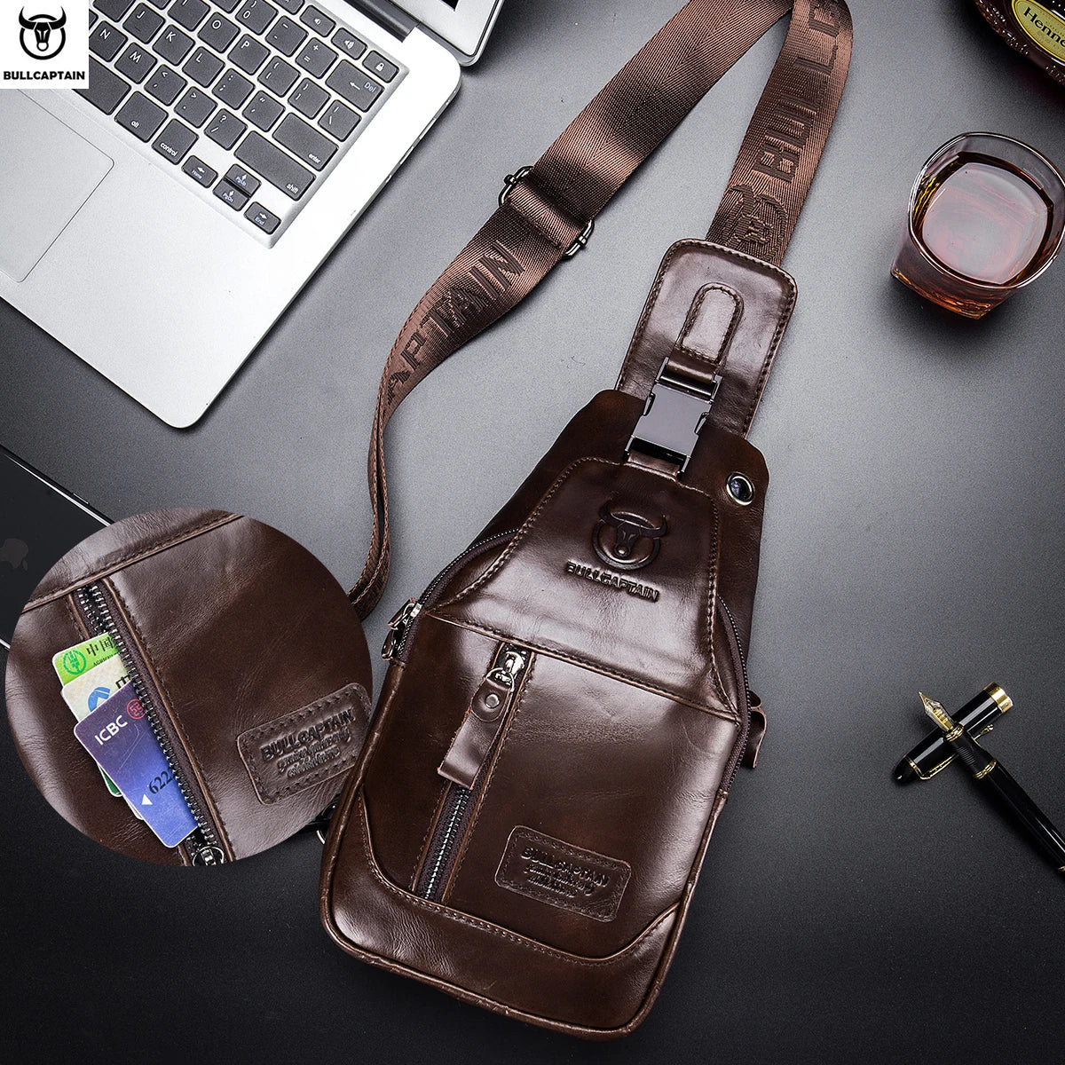 BULLCAPTAIN Leather Sling Backpack Daypack Bag